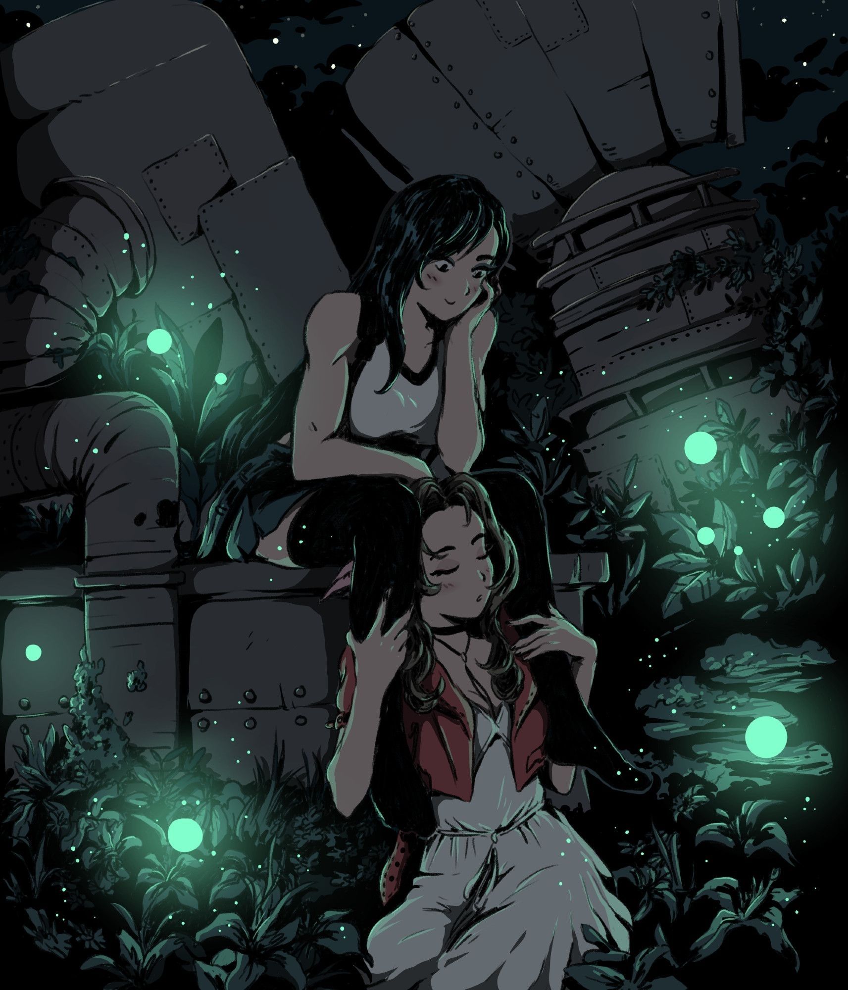 Fanart of FF VII Remake, Tifa and Aerith lovingly resting among flowers, ruins and floating mako