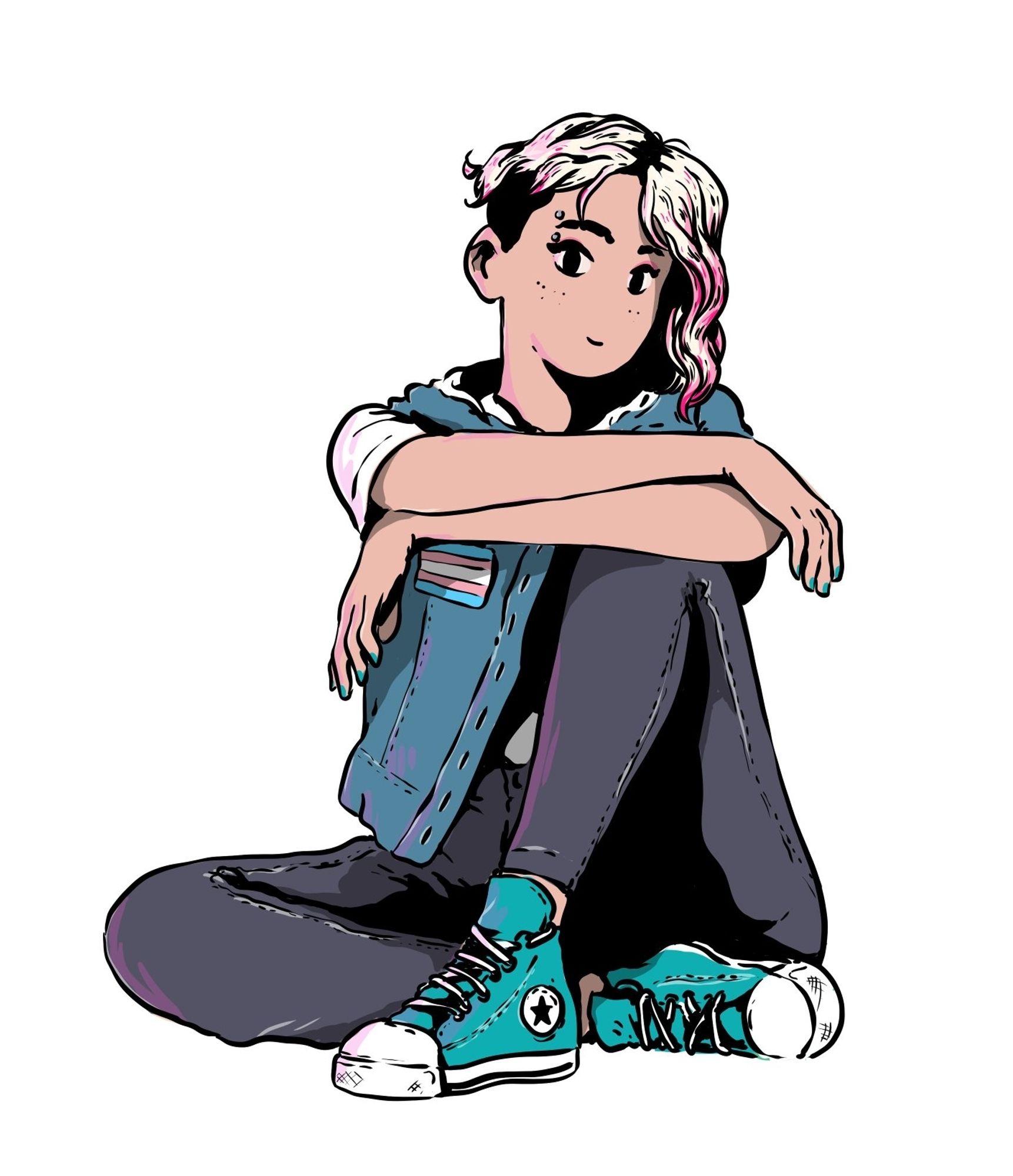 Gwen from Spider-Verse, wearing green converse, skinny jeans and a jean jacket with the trans flag on it