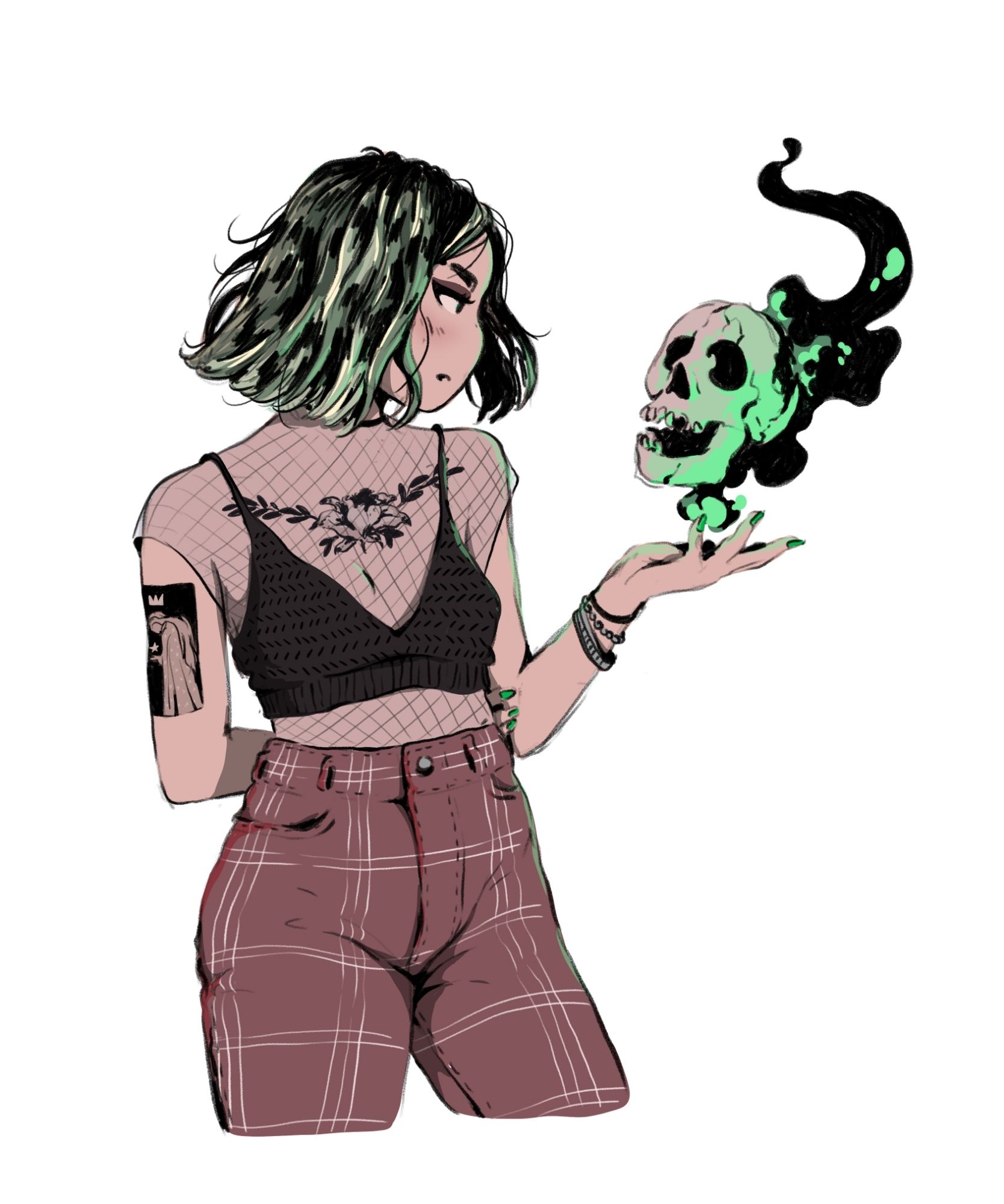 Cool necromancer witch student with black and green hair holding a skull in her left hand, casting some dark magic