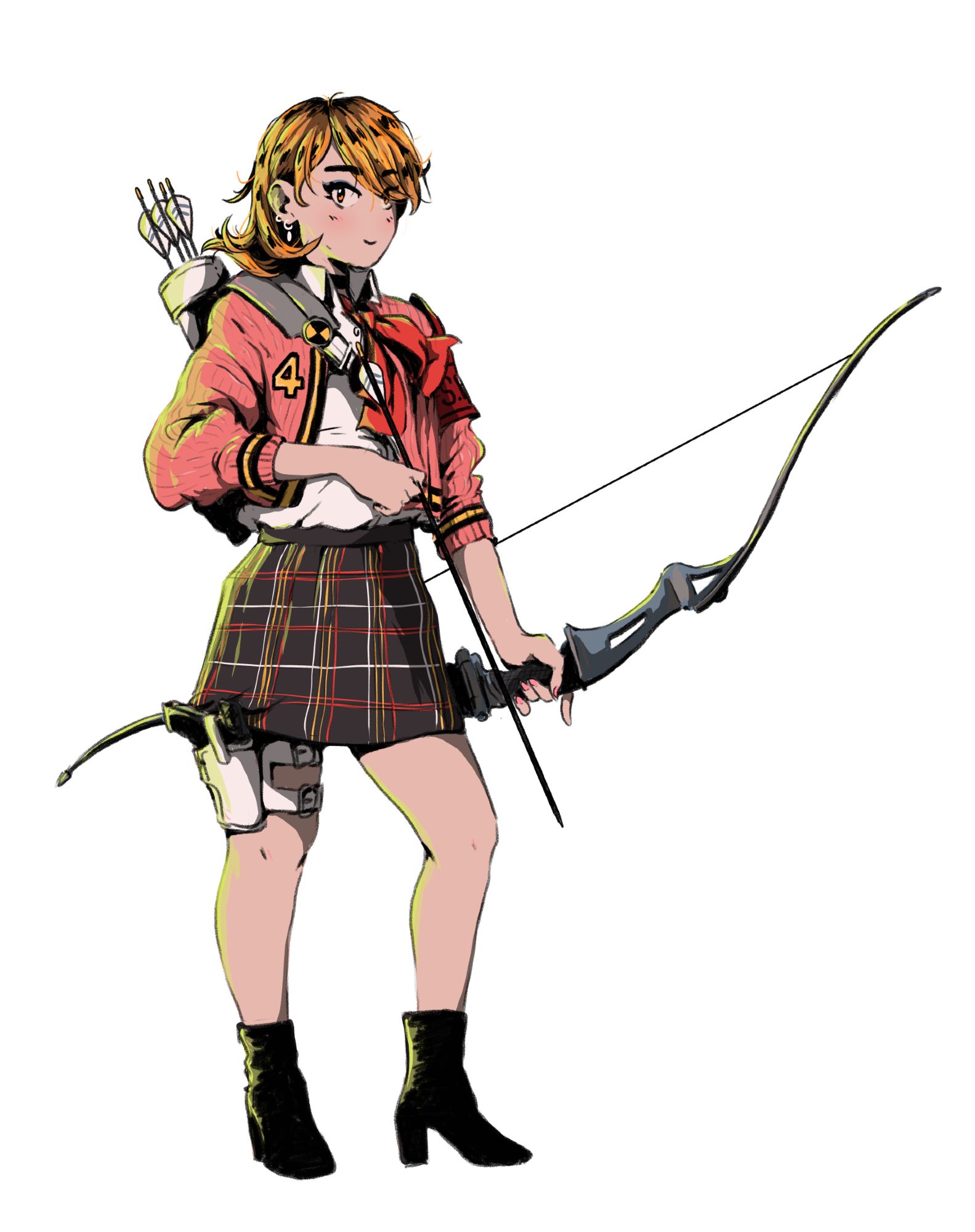 Yukari from Persona 3, with her signature bow and arrow, wearing black short boots, tartan skirt, white shirt and pink cardigan