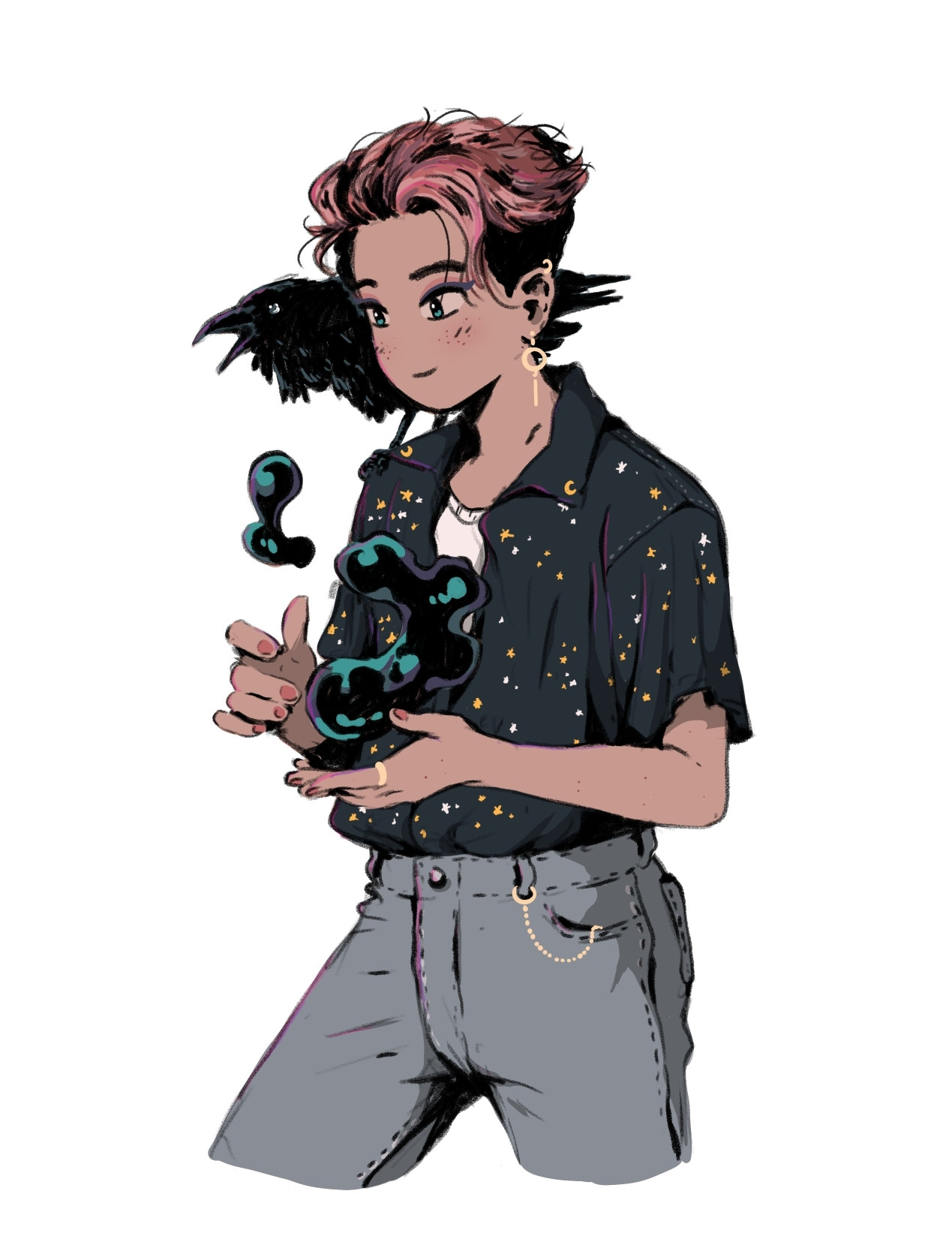 Non binary elementalist bending water in their hand, with their familiar raven on their shoulder