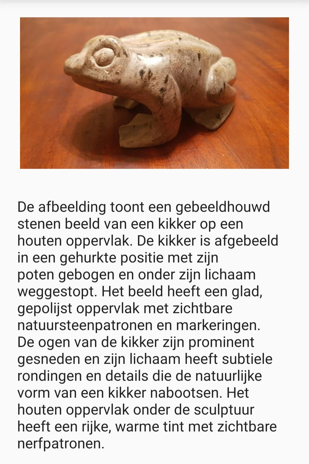 De afbeelding toont een gebeeldhouwd stenen beeld van een kikker op een houten oppervlak. De kikker is afgebeeld in een gehurkte positie met zijn poten gebogen en onder zijn lichaam weggestopt. Het beeld heeft een glad, gepolijst oppervlak met zichtbare natuursteenpatronen en markeringen. De ogen van de kikker zijn prominent gesneden en zijn lichaam heeft subtiele rondingen en details die de natuurlijke vorm van een kikker nabootsen. Het houten oppervlak onder de sculptuur heeft een rijke, warme tint met zichtbare nerfpatronen.