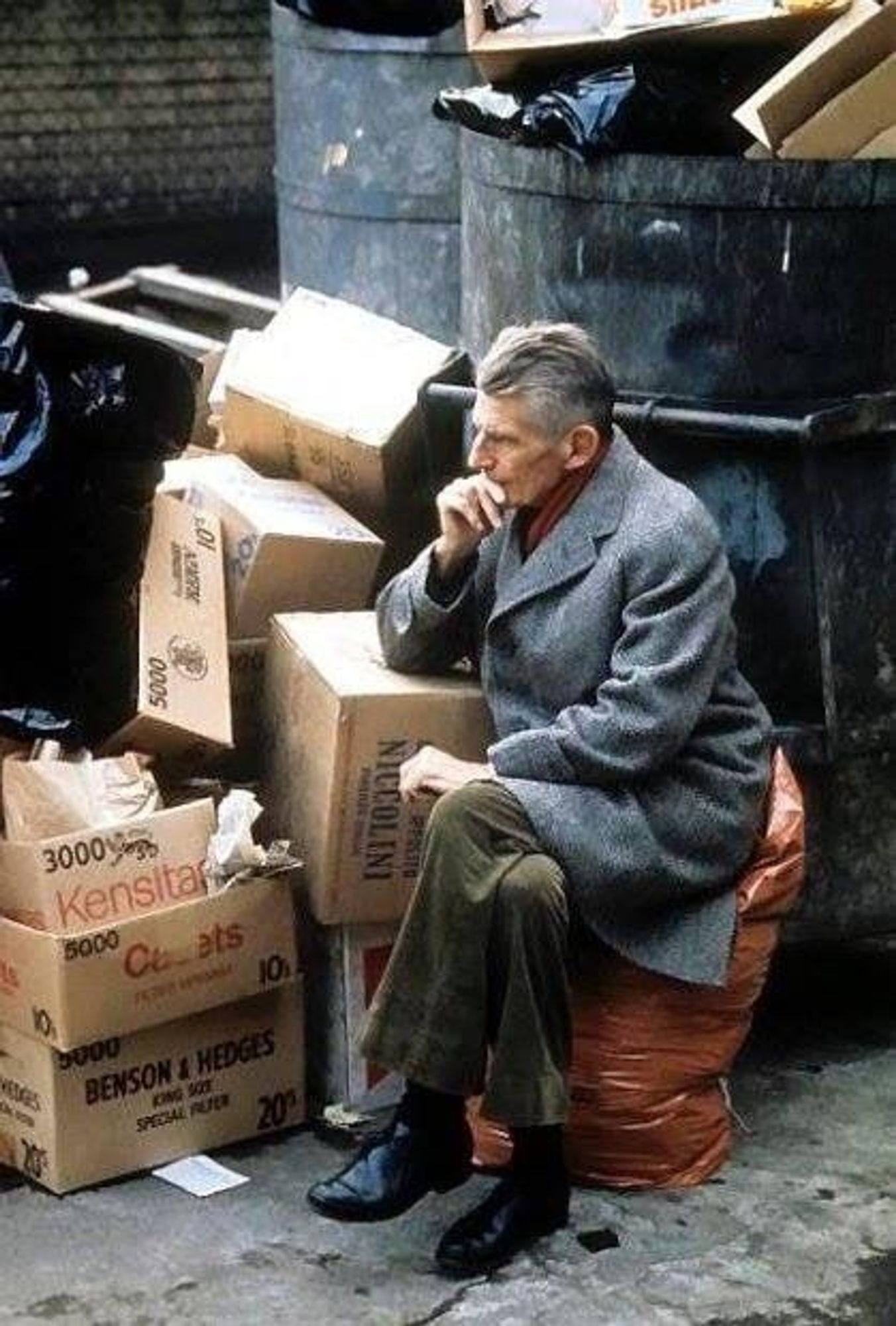 Samuel Becket thinking amidst cardboard boxes and trash bins.