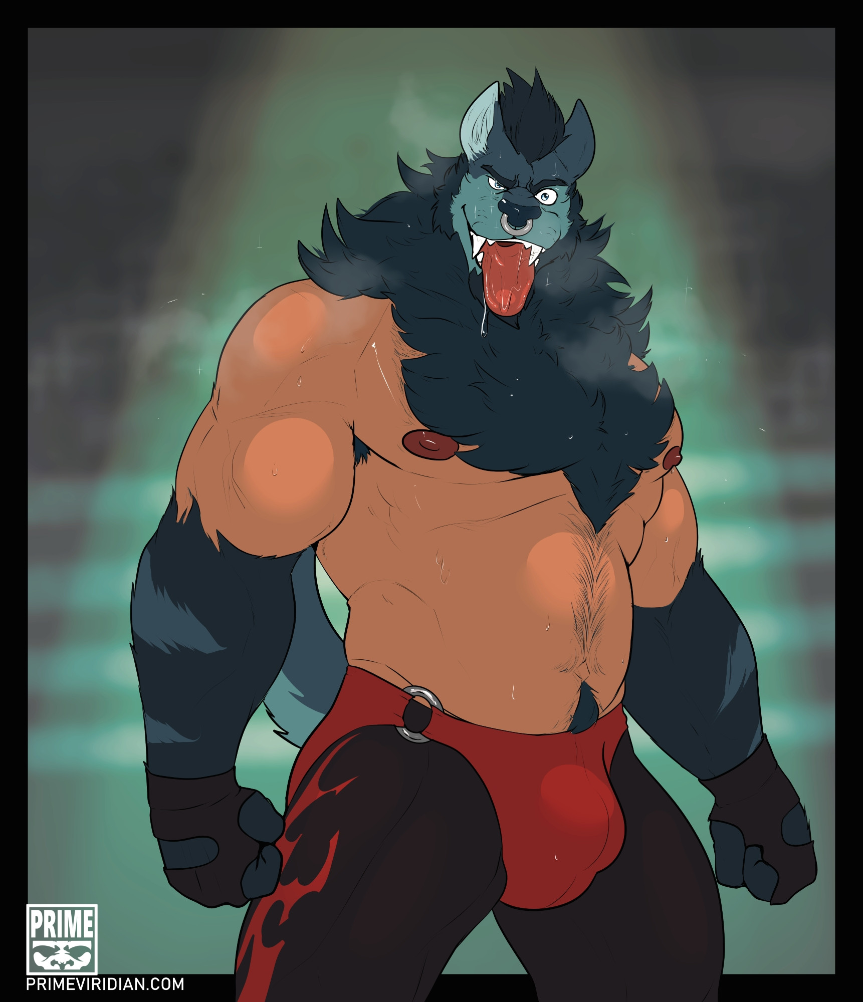 A blue werewolf Wrestler his torso is still skin, but his ahead and forearms are furry