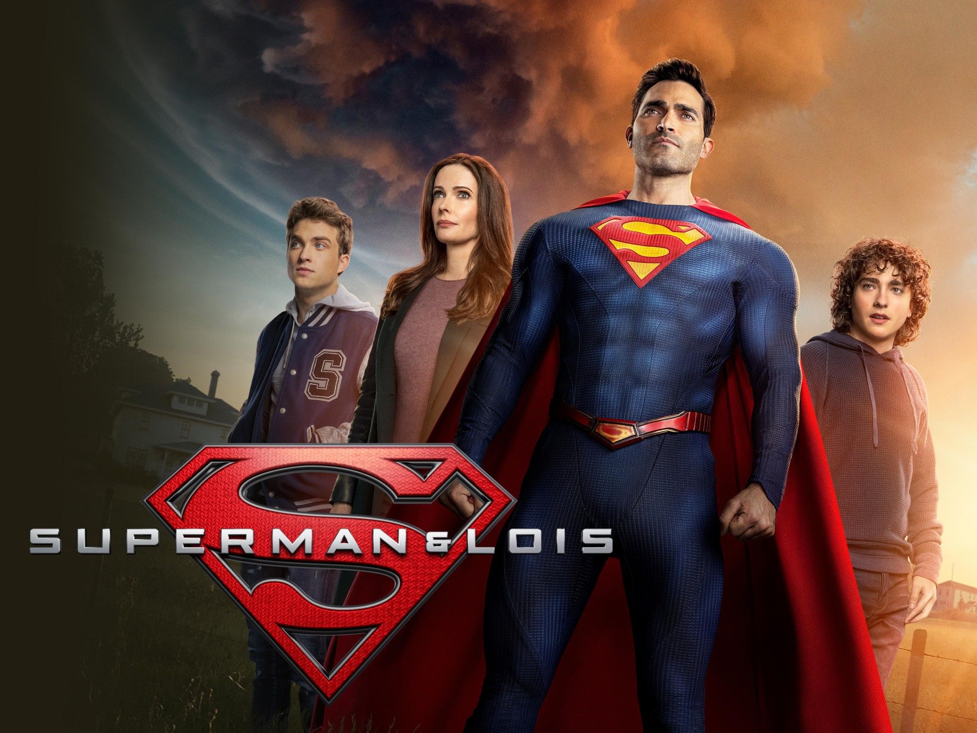 imagem promocional do seriado com atores "Superman & Lois" que mostra o superhomem com sua roupa na frente, com a lois e seus 2 filhos atras em um fundo dramatico