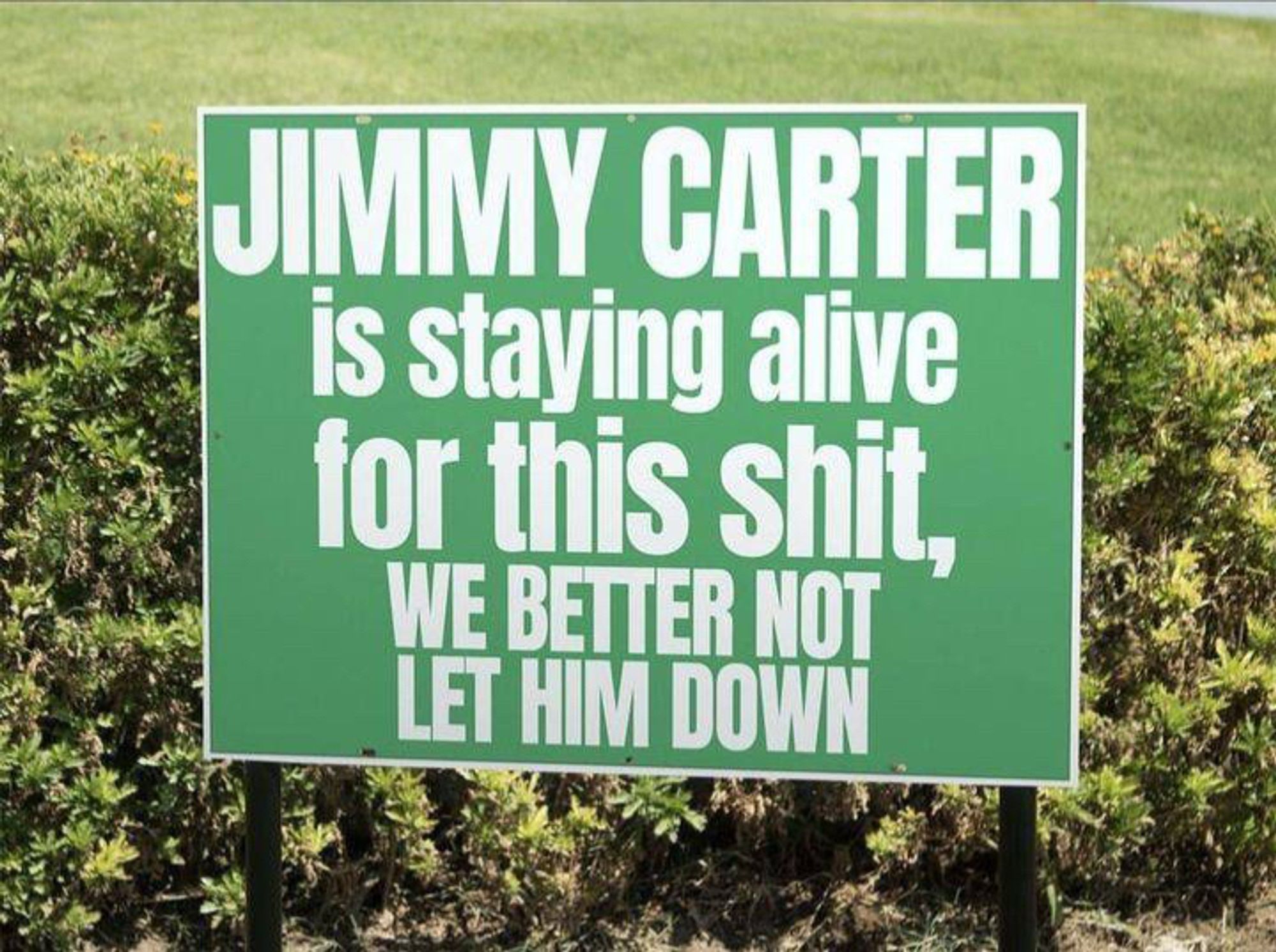 A green sign with white lettering: JIMMY CARTER is staying alive for this shit, WE BETTER NOT LET HIM DOWN”