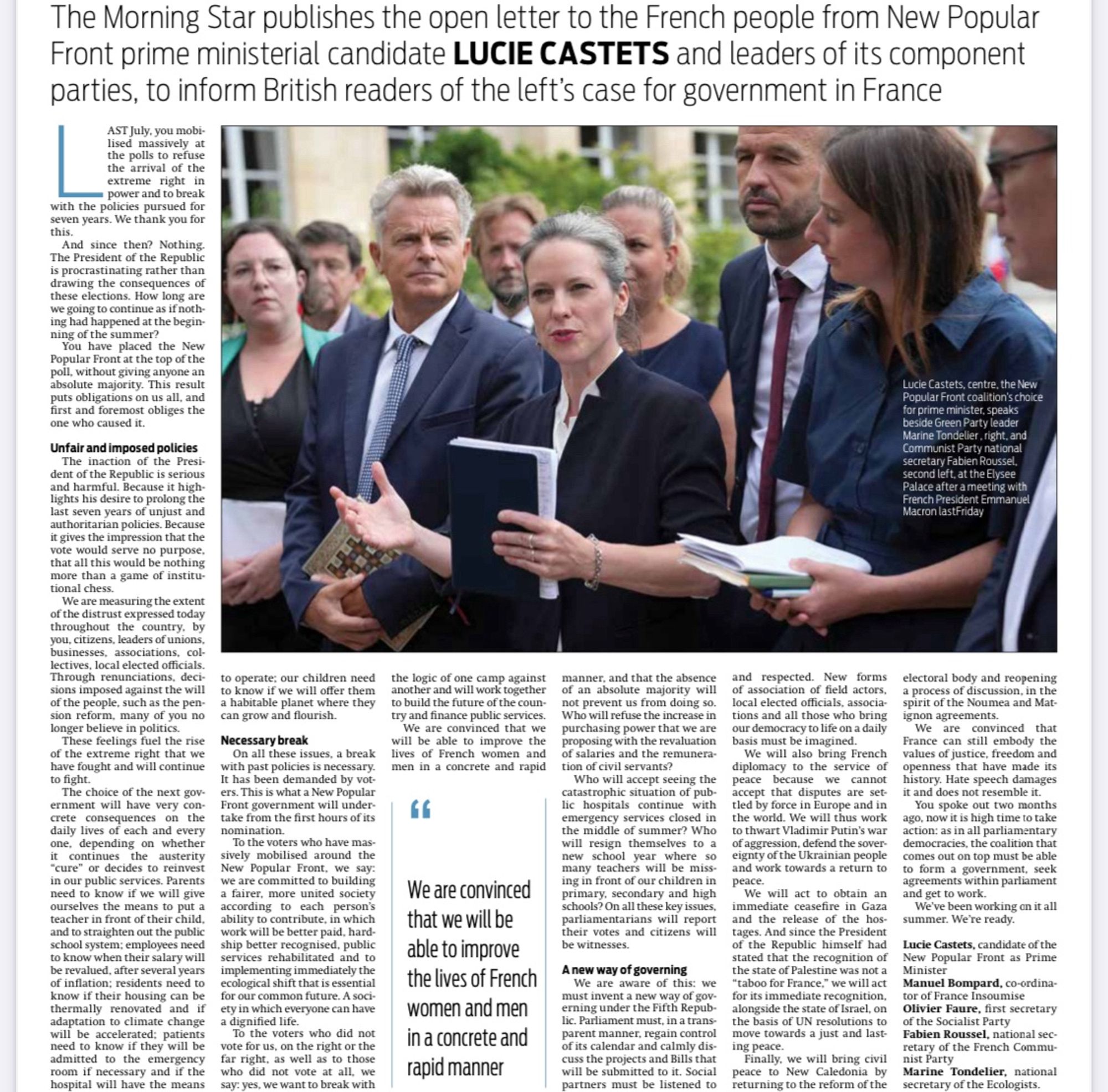 An image from the Morning Star shows Lucie Castets, the French prime ministerial candidate for the New Popular Front, speaking outside the Élysée Palace after a meeting with President Macron. The article details an open letter from Castets and other leaders of the coalition, addressing the French people about the need for political change and presenting their case for government.