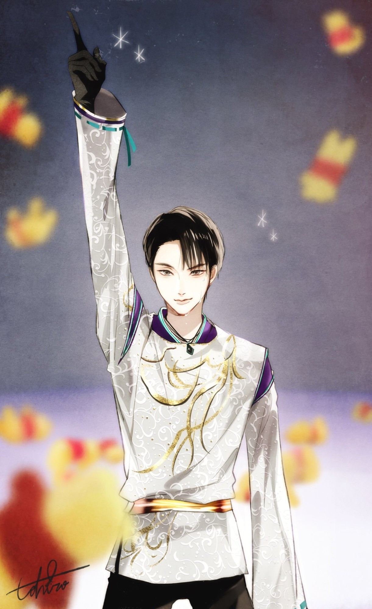 Drawing of Yuzuru Hanyu during Seimei pointing his finger up while Winnie-the-Pooh bears rain down on him