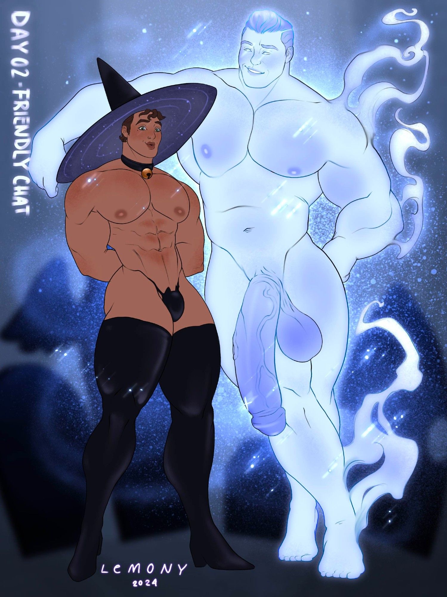 a himbo male witch looking down excitedly at a big, flirty, muscular ghost's male appendage