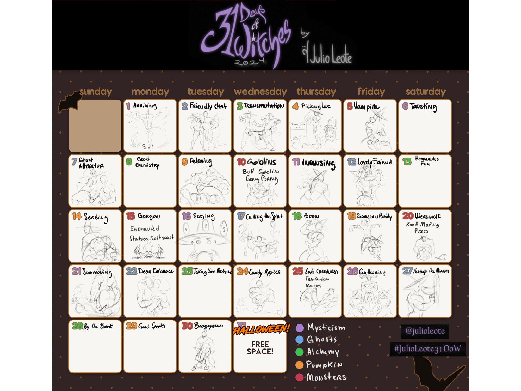 a calendar planning the illustrations for the 31 days of Witches art challenge by Julio Leote