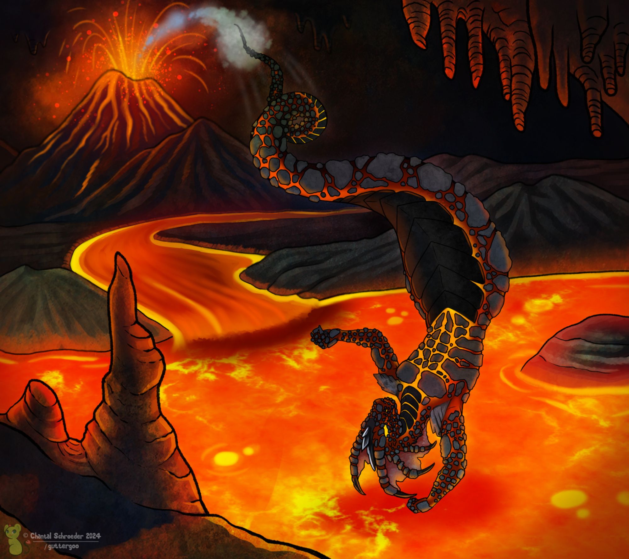 A digital illustration of a naga-like character made of lava and volcanic rock getting shot out of a volcano and preparing to dive into a pool of lava.