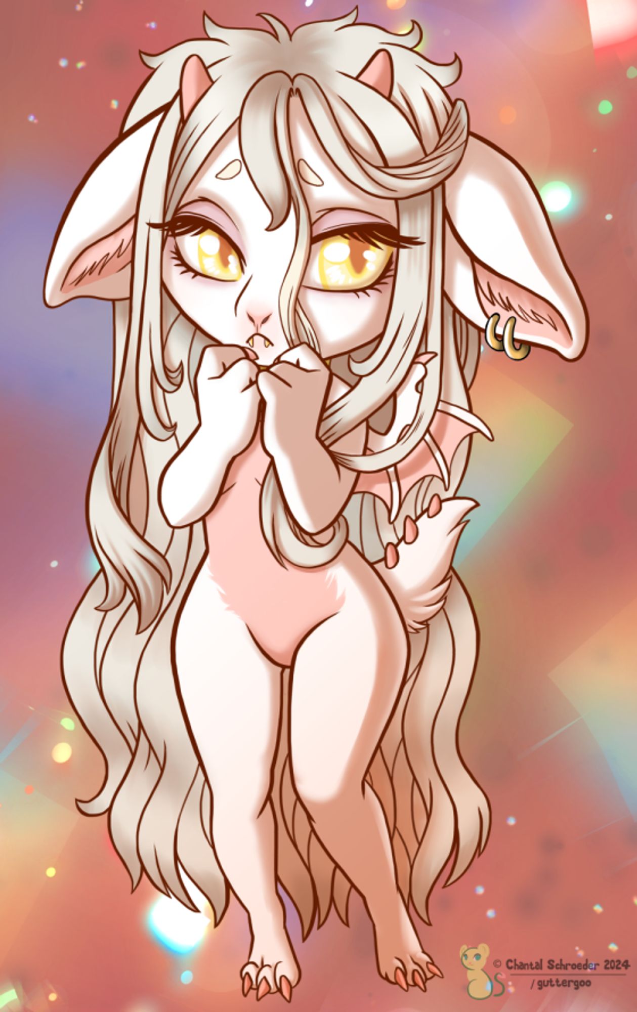 A chibi drawing of a cute gargoyle character with yellow eyes and small pink horns.