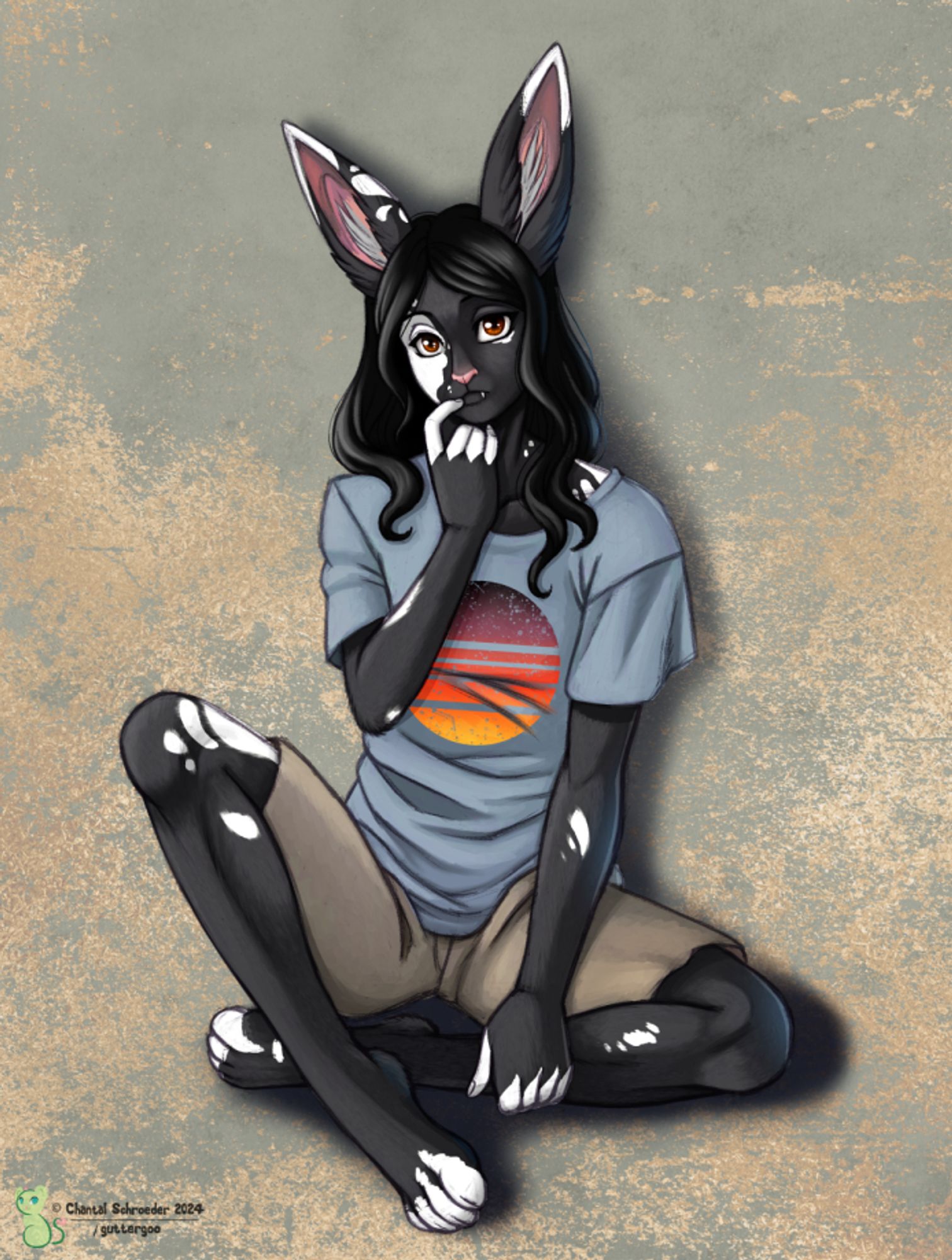 A digital drawing of an anthro bunny, sitting and looking thoughtful/bashful.