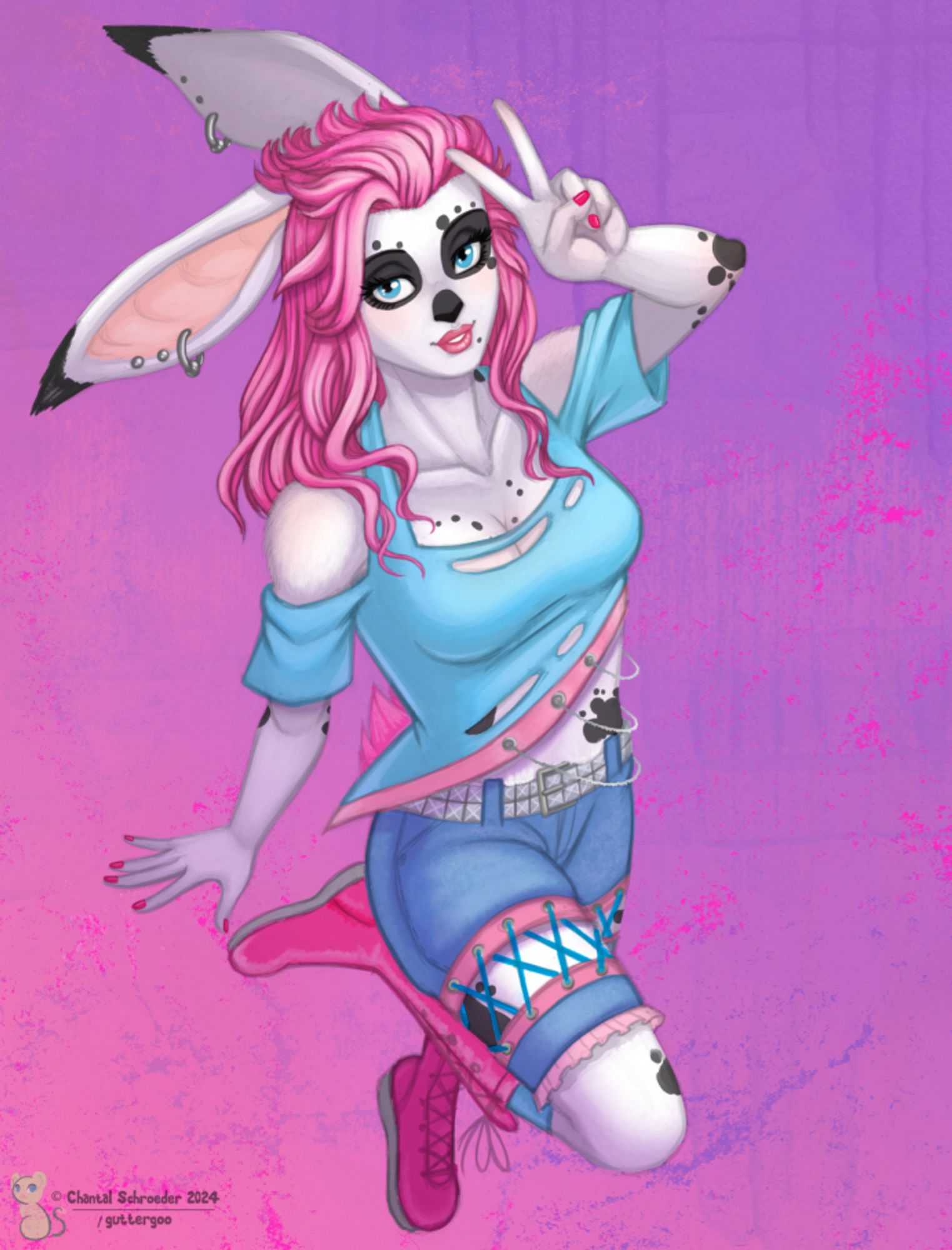 A colored digital sketch of a pink-haired bunny girl with white fur, striking a spunky pose for the camera.