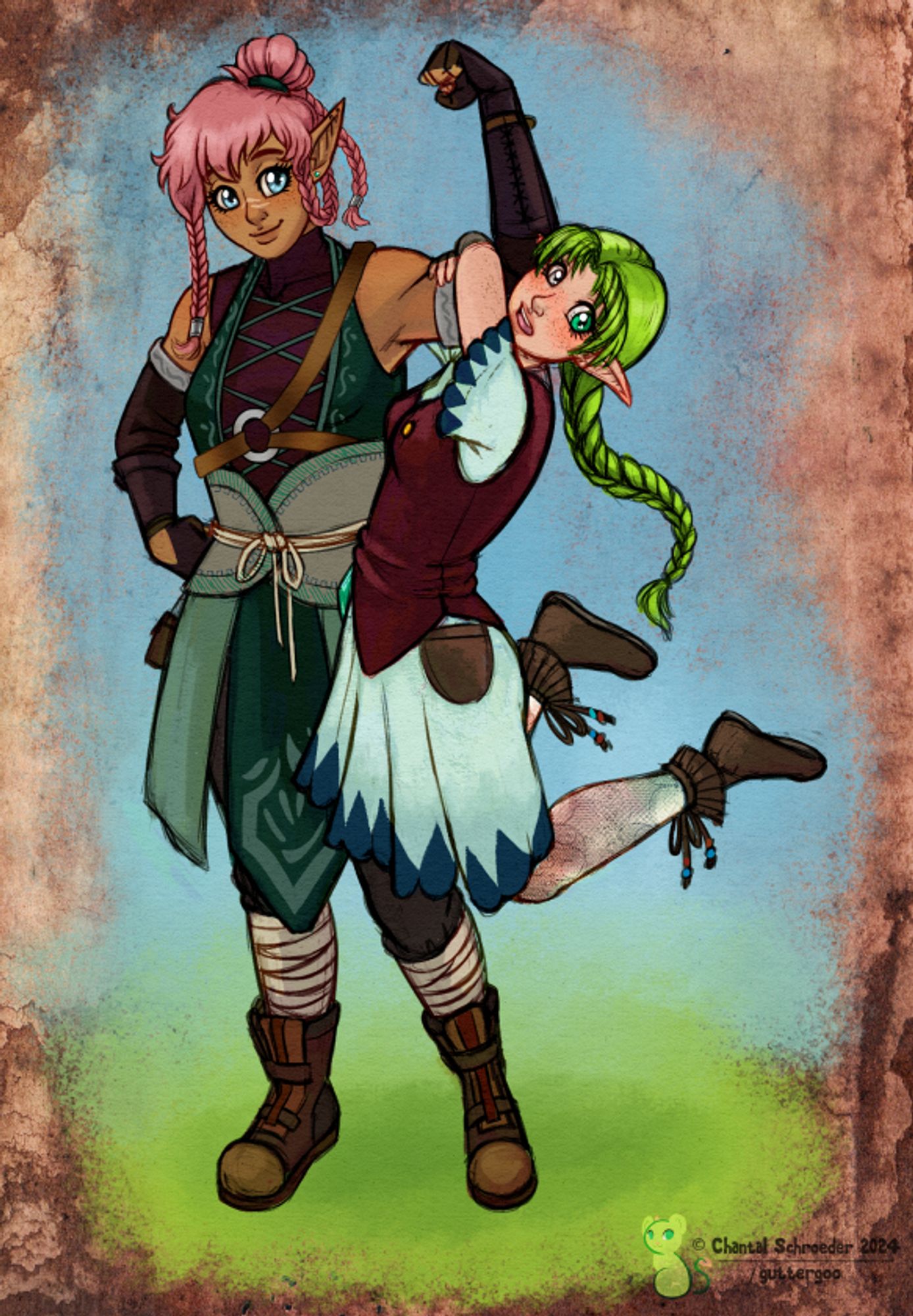 A colored digital sketch of two elf gals, one hanging off the other's flexing bicep.