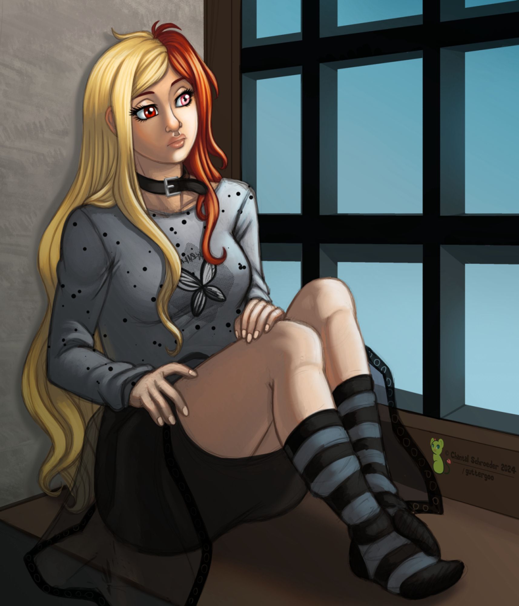 A colored digital sketch of a girl with split-dyed hair in red and blonde sitting in a bay window and looking outside.