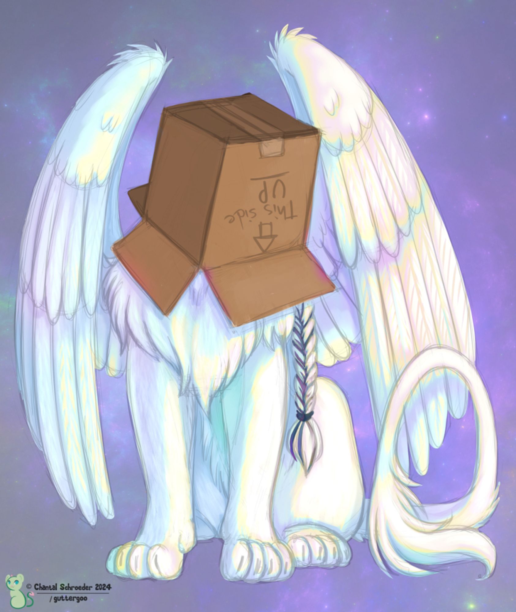 A digital sketch of a winged big cat character, with his head stuck  in a box.