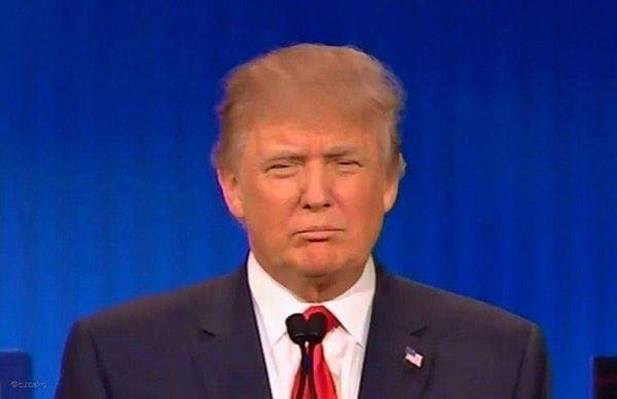 Screenshot of Donald Trump in front of Blue backdrop