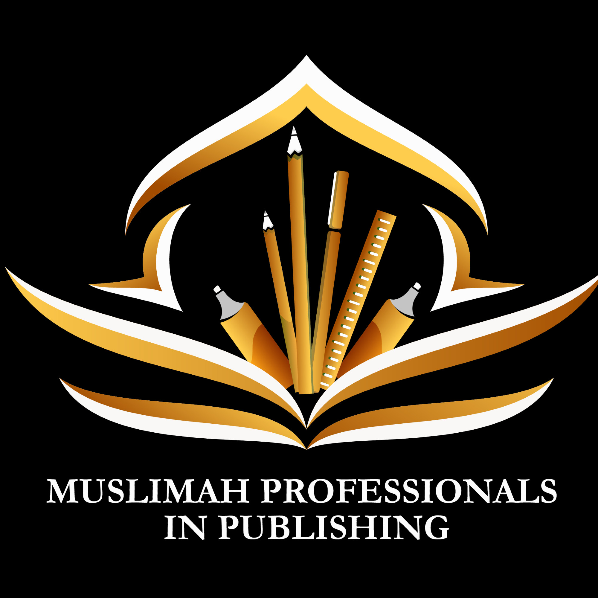 A gold coloured Muslimah Professionals in Publishing logo on a black background
