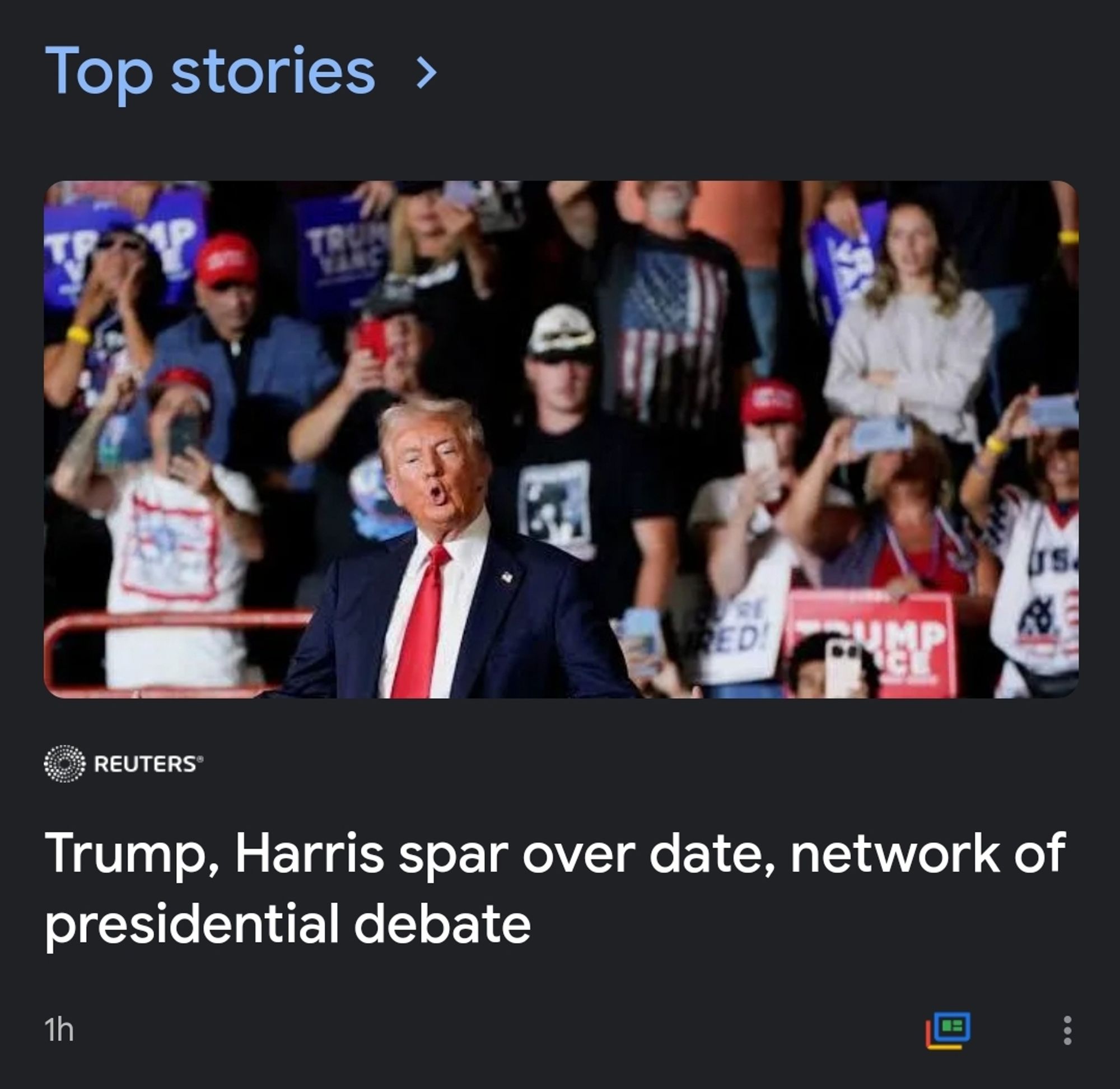 Top stories >
[Picture]
REUTERS
Trump, Harris spar over date, network of presidential debate