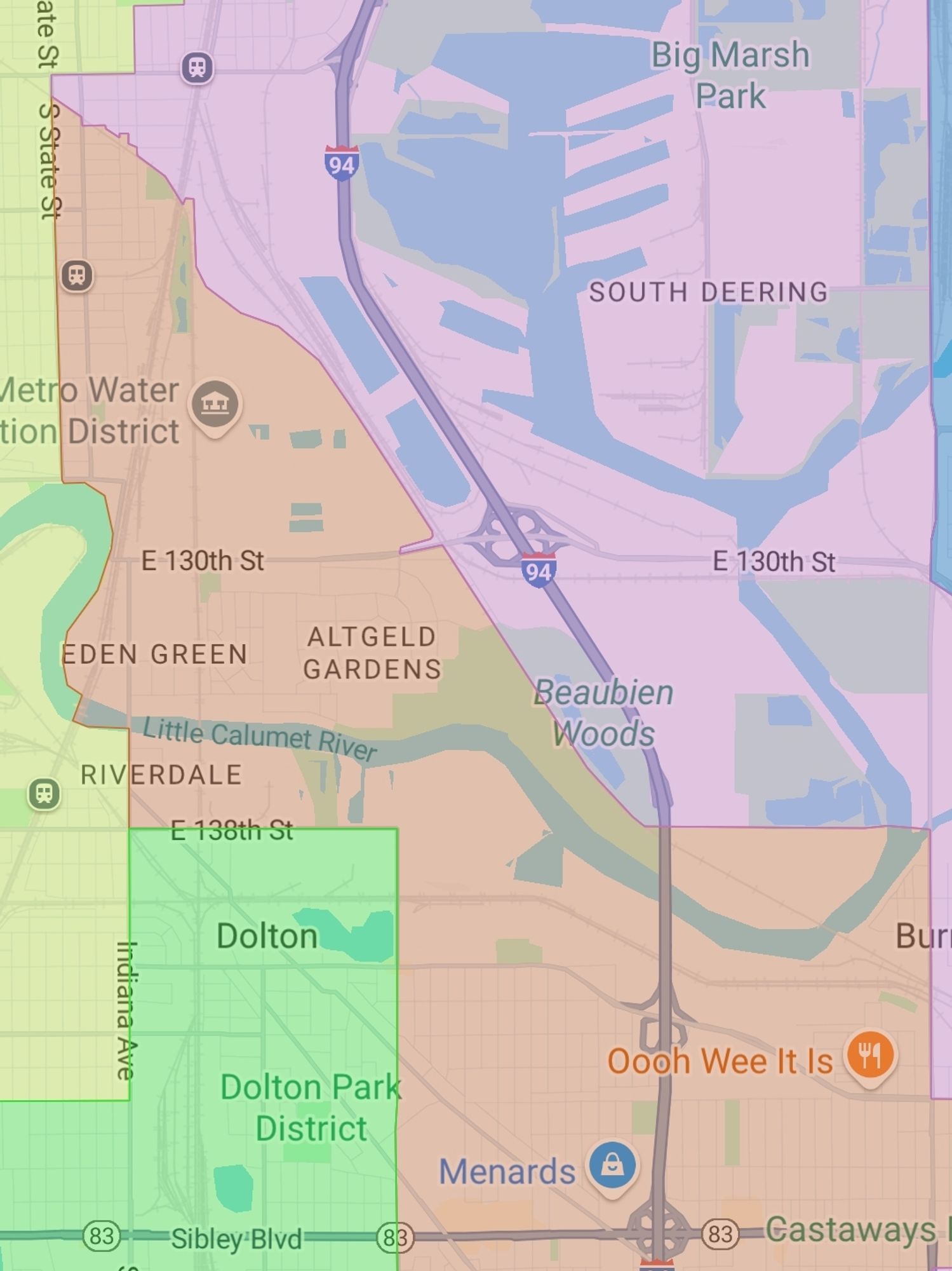 Screenshot of the portion of the 29th north of Sibley Road. Altgeld Gardens plus some turf west  of there and some turf south and east of there.