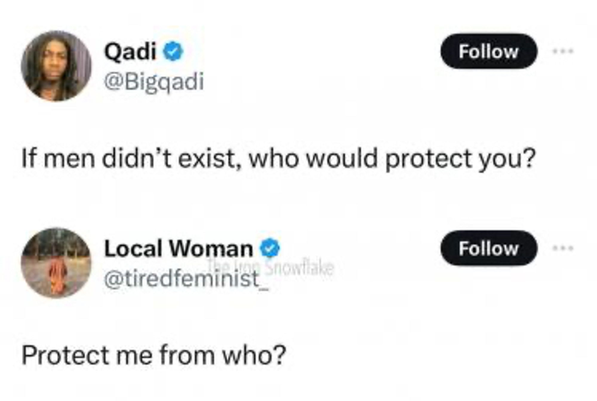 Social media posts:

Quadi: If men didn't exist, who would protect you?

Local Woman:. Protect me from who?