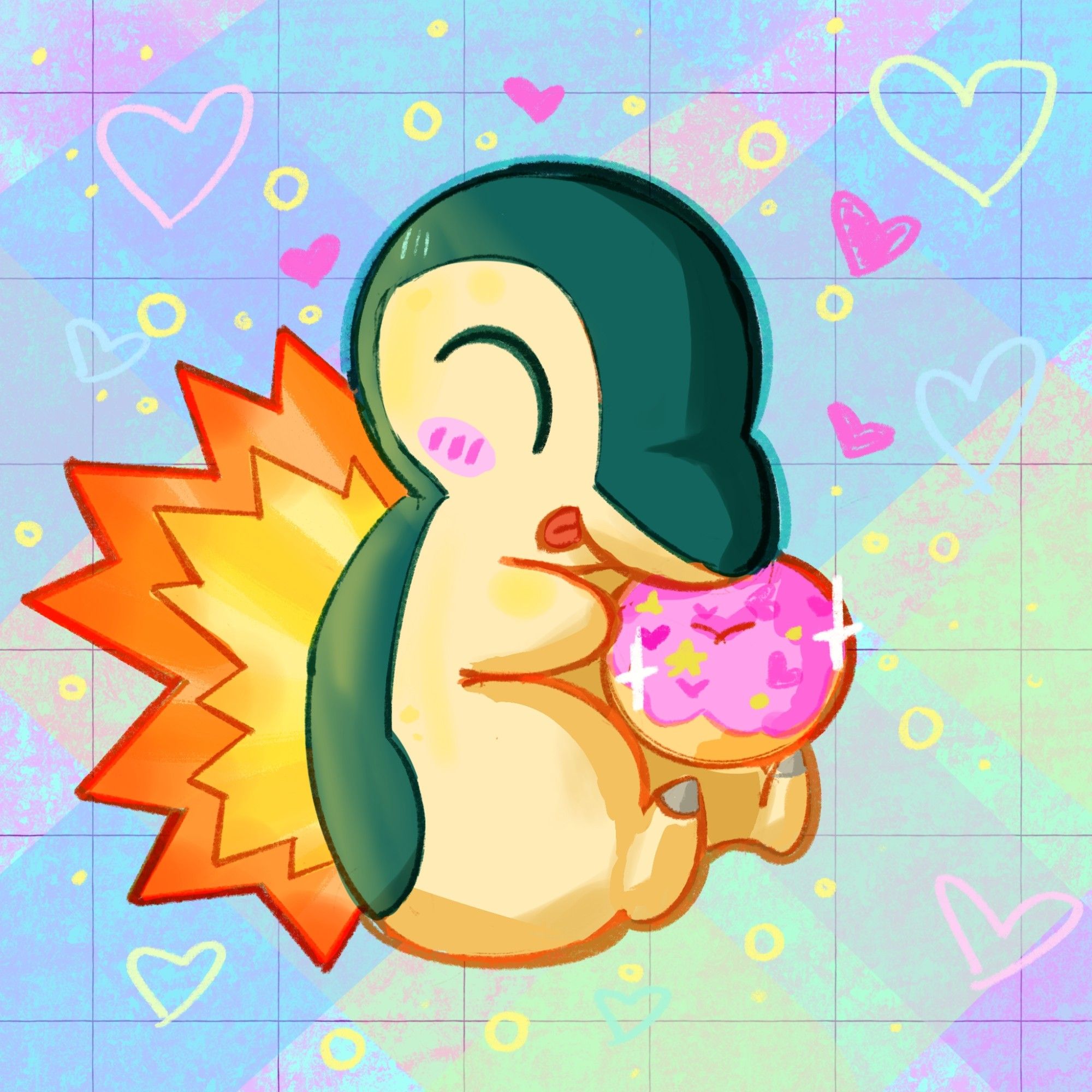 A happy cyndaquil cuddling a pink frosted doughnut