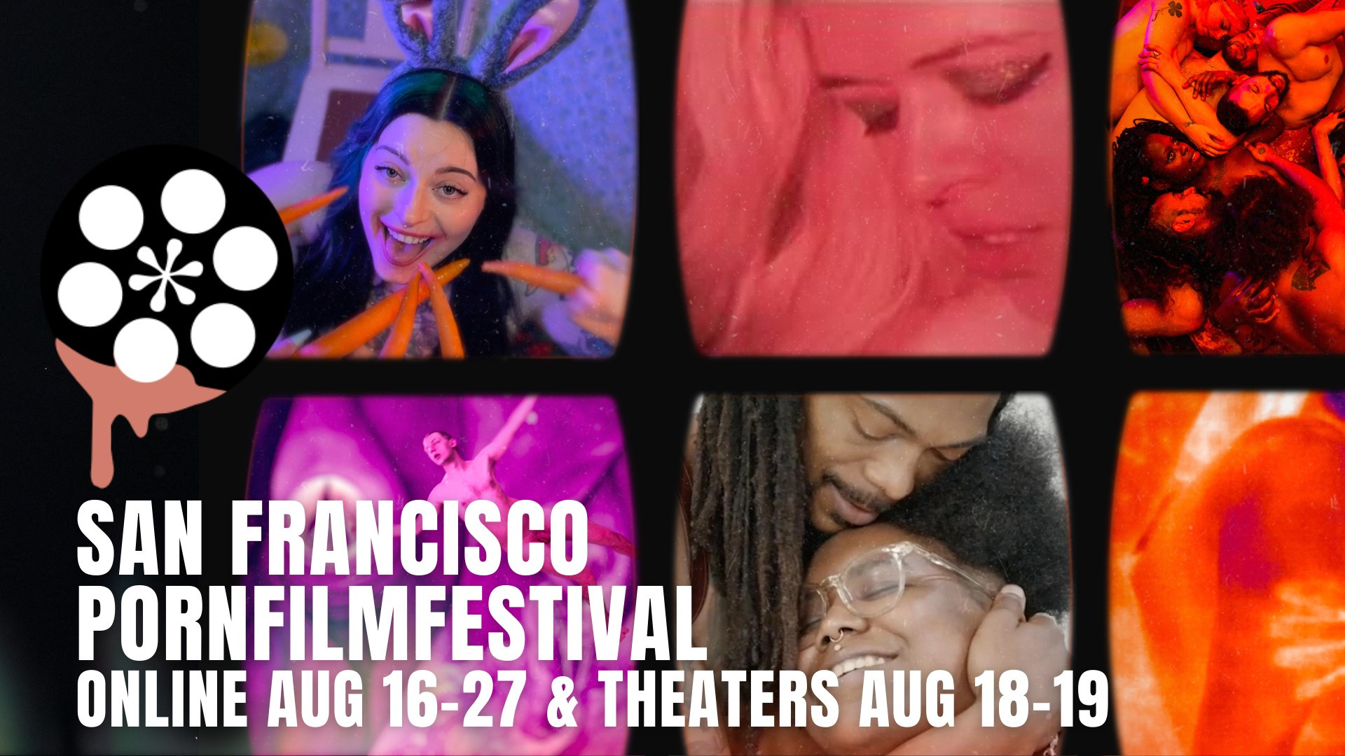 SFPFF online August 16-27 and theaters August 18-19. A grid of colorful images shows sexy people having a good time.