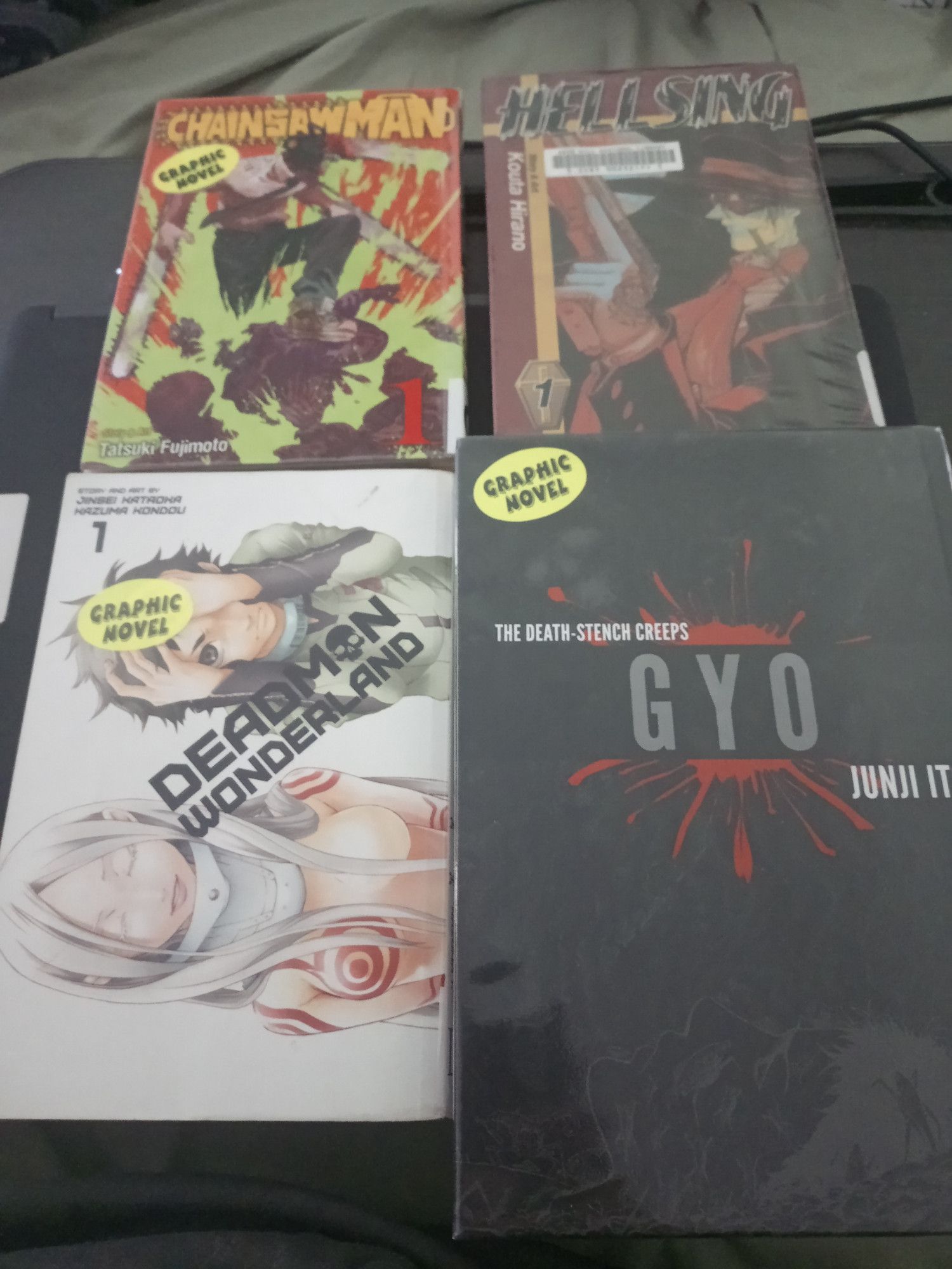 Comics Part 1: New Manga

Chainsaw Man Volume 1
Hellsing Volume 1
Deadman Wonderland Volume 1
Gyo