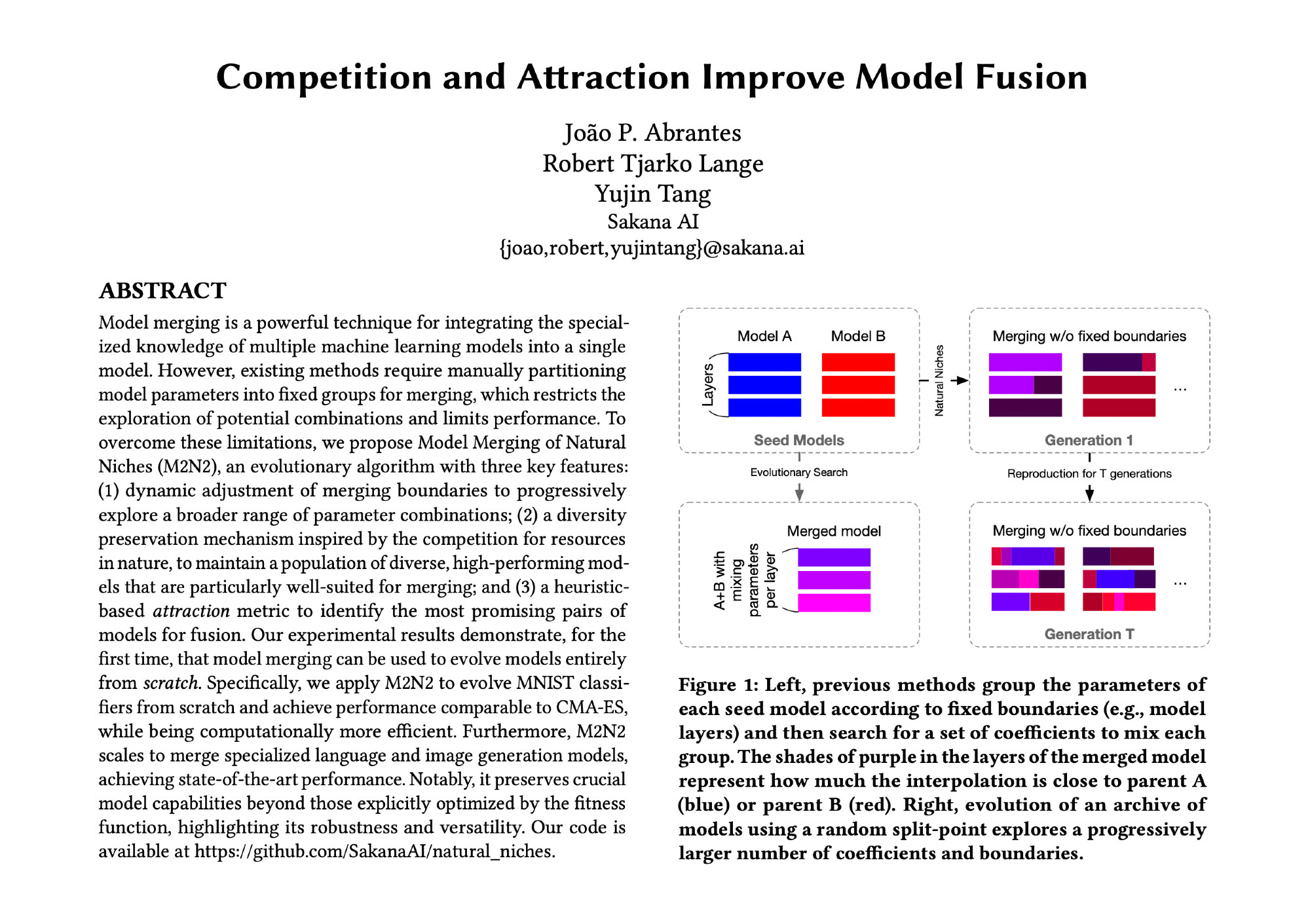 Competition and Attraction Improve Model Fusion

Model merging is a powerful technique for integrating the specialized knowledge of multiple machine learning models into a single model. However, existing methods require manually partitioning model parameters into fixed groups for merging, which restricts the exploration of potential combinations and limits performance. To overcome these limitations, we propose M2N2, an evolutionary algorithm with three key features: 1/ dynamic adjustment of merging boundaries to progressively explore a broader range of parameter combinations; 2/ a diversity preservation mechanism inspired by the competition for resources in nature, to maintain a population of diverse, high-performing models that are particularly well-suited for merging; and 3/ a heuristic-based attraction metric to identify the most promising pairs of models for fusion. Our experimental results demonstrate, for the first time, that model merging can be used to evolve models entirely from scratch. Specifically, we apply M2N2 to evolve MNIST classifiers from scratch and achieve performance comparable to CMA-ES, while being computationally more efficient. Furthermore, M2N2 scales to merge specialized language and image generation models, achieving state-of-the-art performance. Notably, it preserves crucial model capabilities beyond those explicitly optimized by the fitness function, highlighting its robustness and versatility.