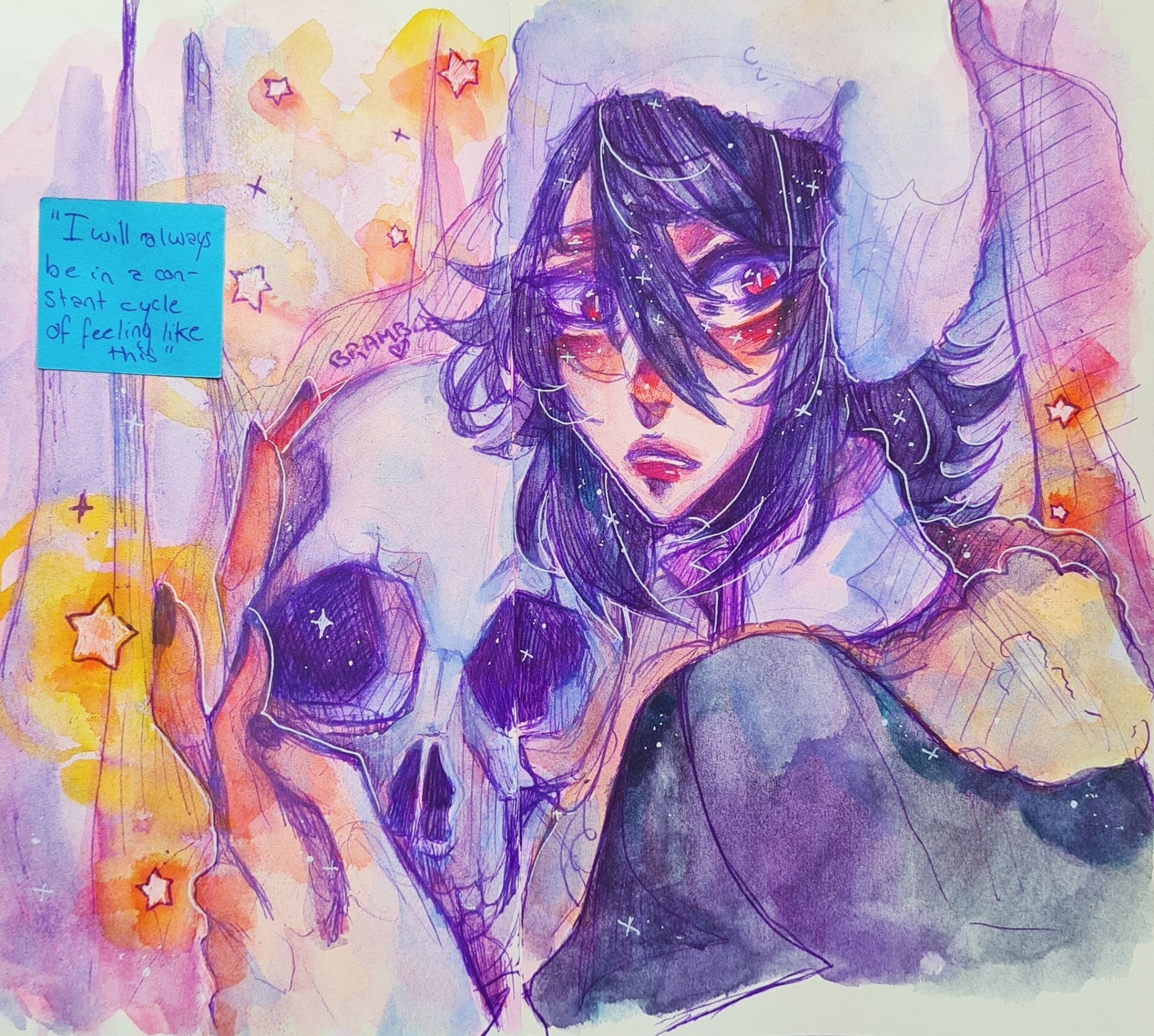 Watercolor sketchbookspread of Fyodor from Bungou stray dogs in front of some pinkish purple curtains, holding a skull