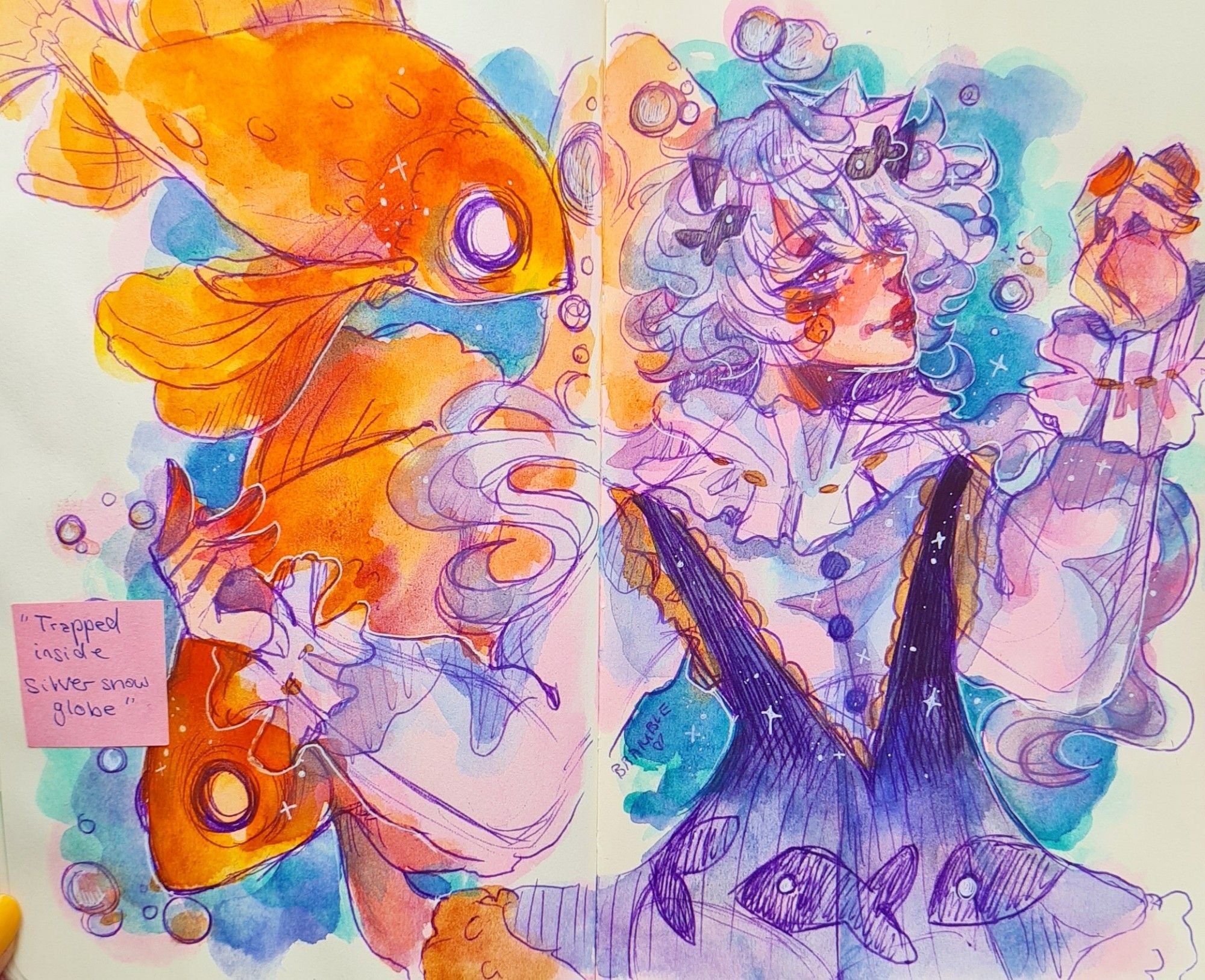 Watercolor sketchbookspread of two giant goldfish surrounding my oc April. She has pastel teal/white hair and a paper boat hat. Her outfit is somewhat clown and underwater inspired.