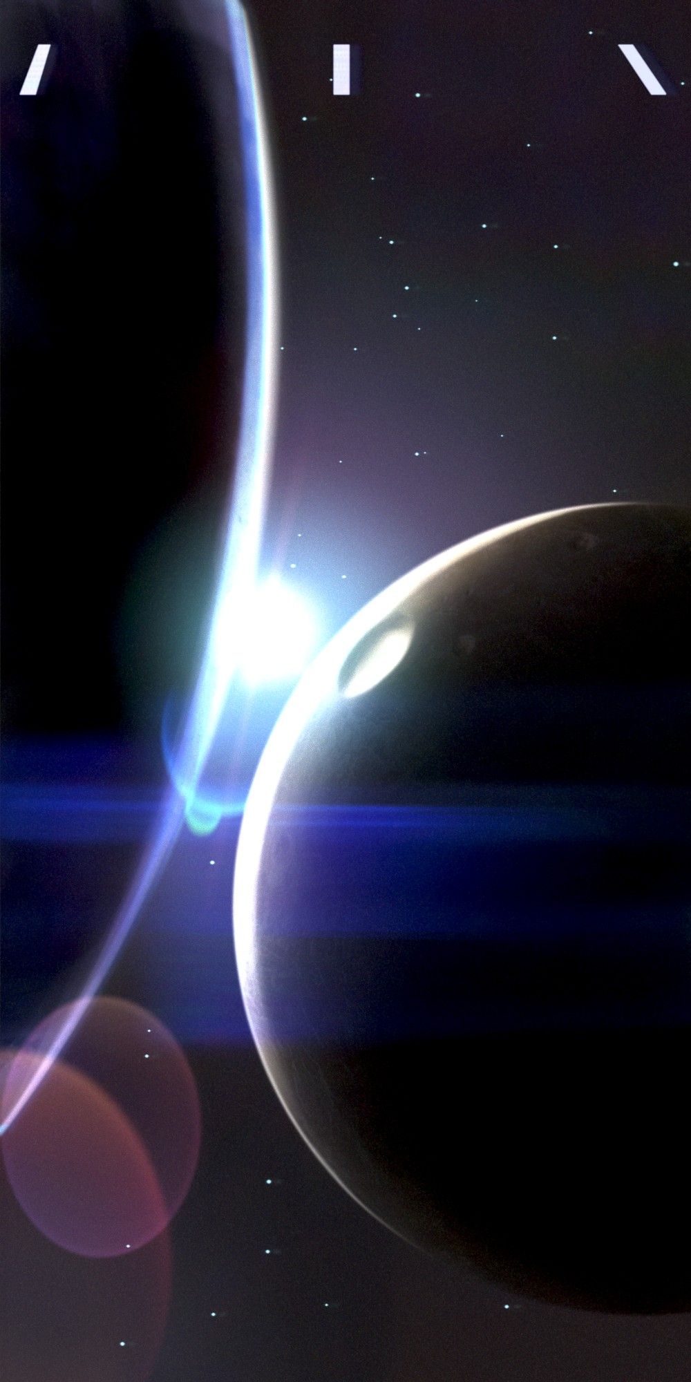 a painting of a planet and its moon backlit by their local star. the moon and planet seem impossibly close together, and an anamorphic type lens flare is painted across the whole image. 3 white lines at the top of the image imply the opening text of the movie Alien.