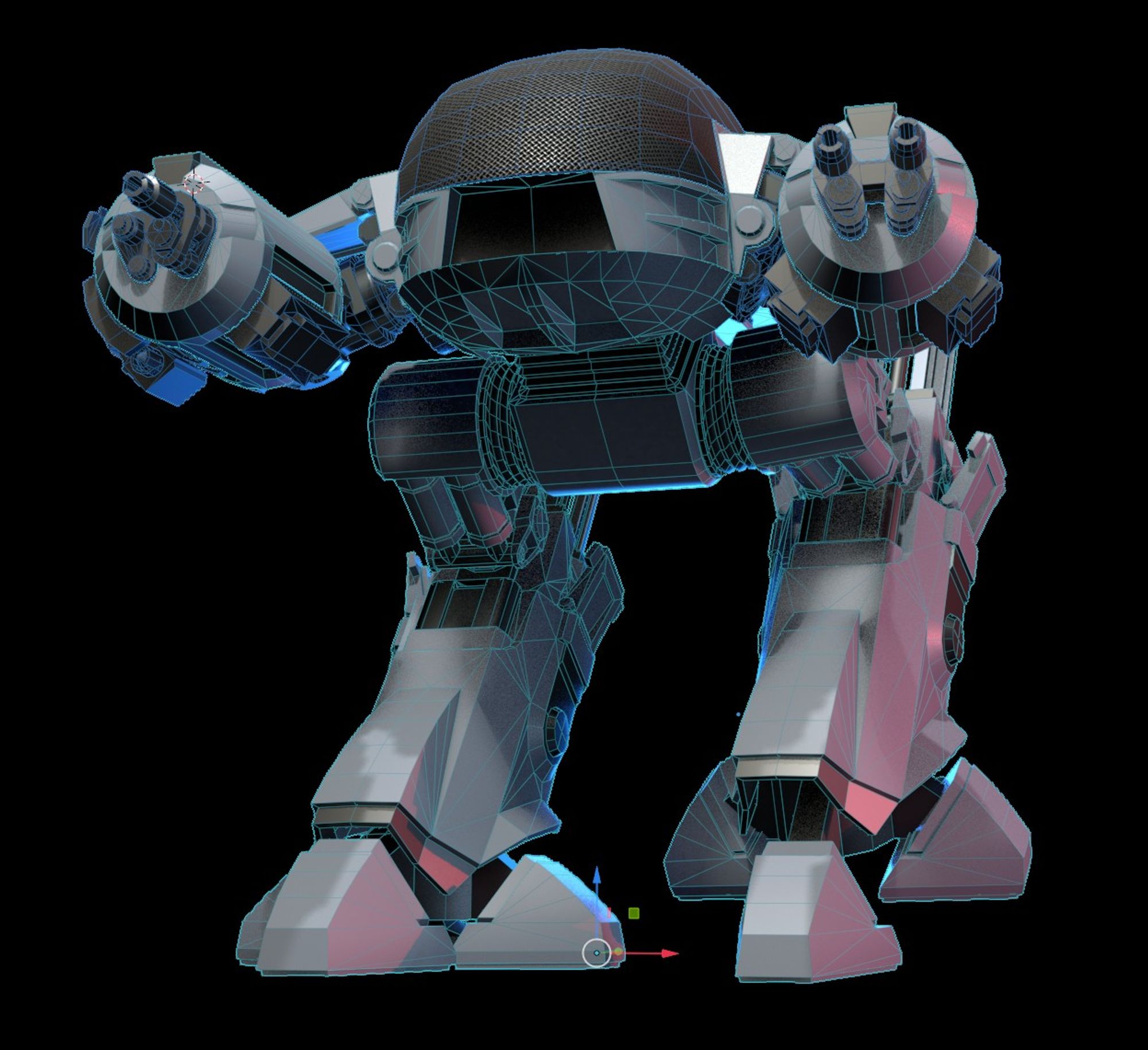 3d model of an ED-209 droid from the movie Robocop. its a bipedal, grey robot with backward hinging knees, big saurian toes and a sharklike canopy for a face.