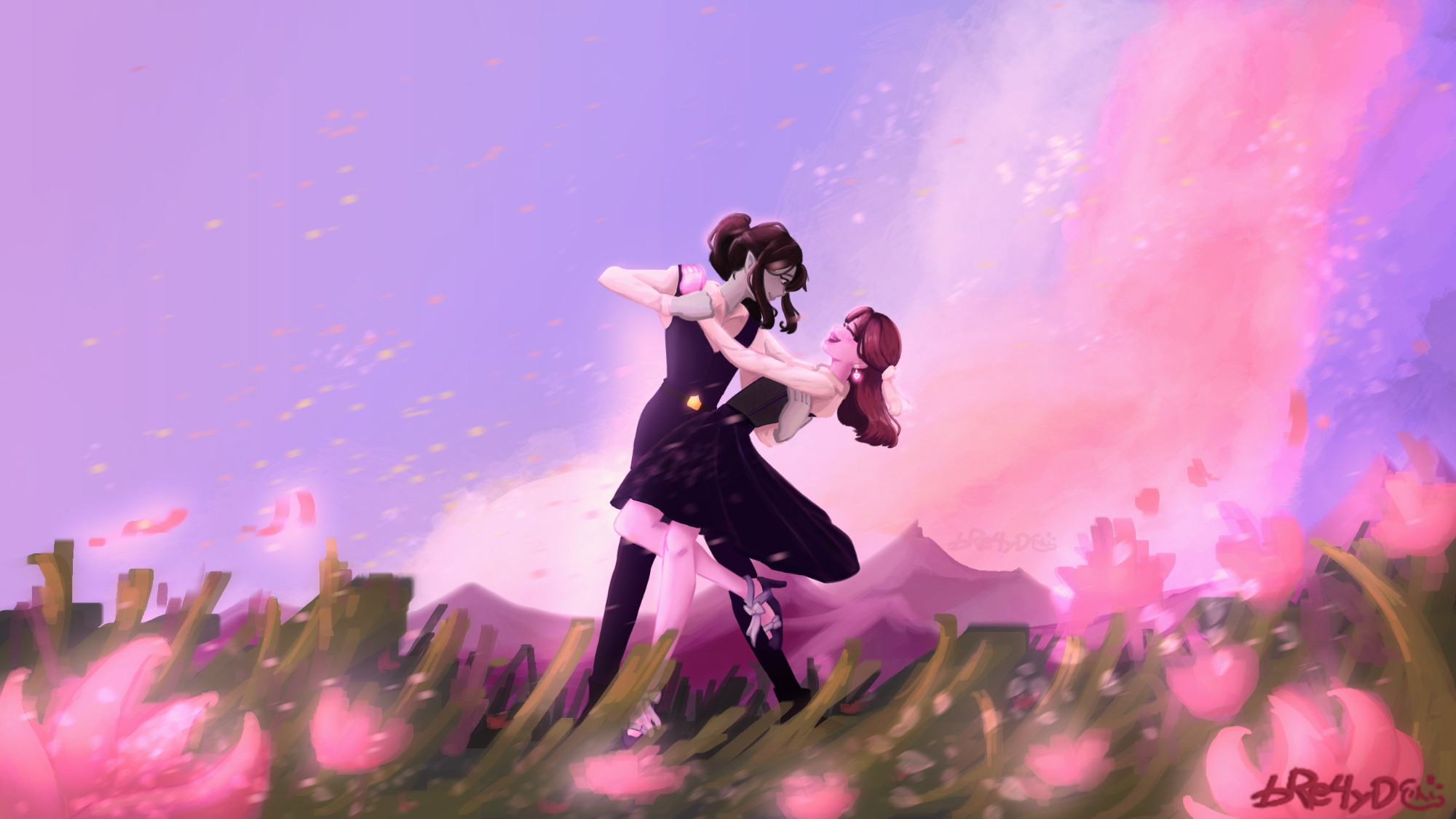 Commission client and her partner dancing in a field of flowers. She requested that they be marceline and princess bubblegum-ified.