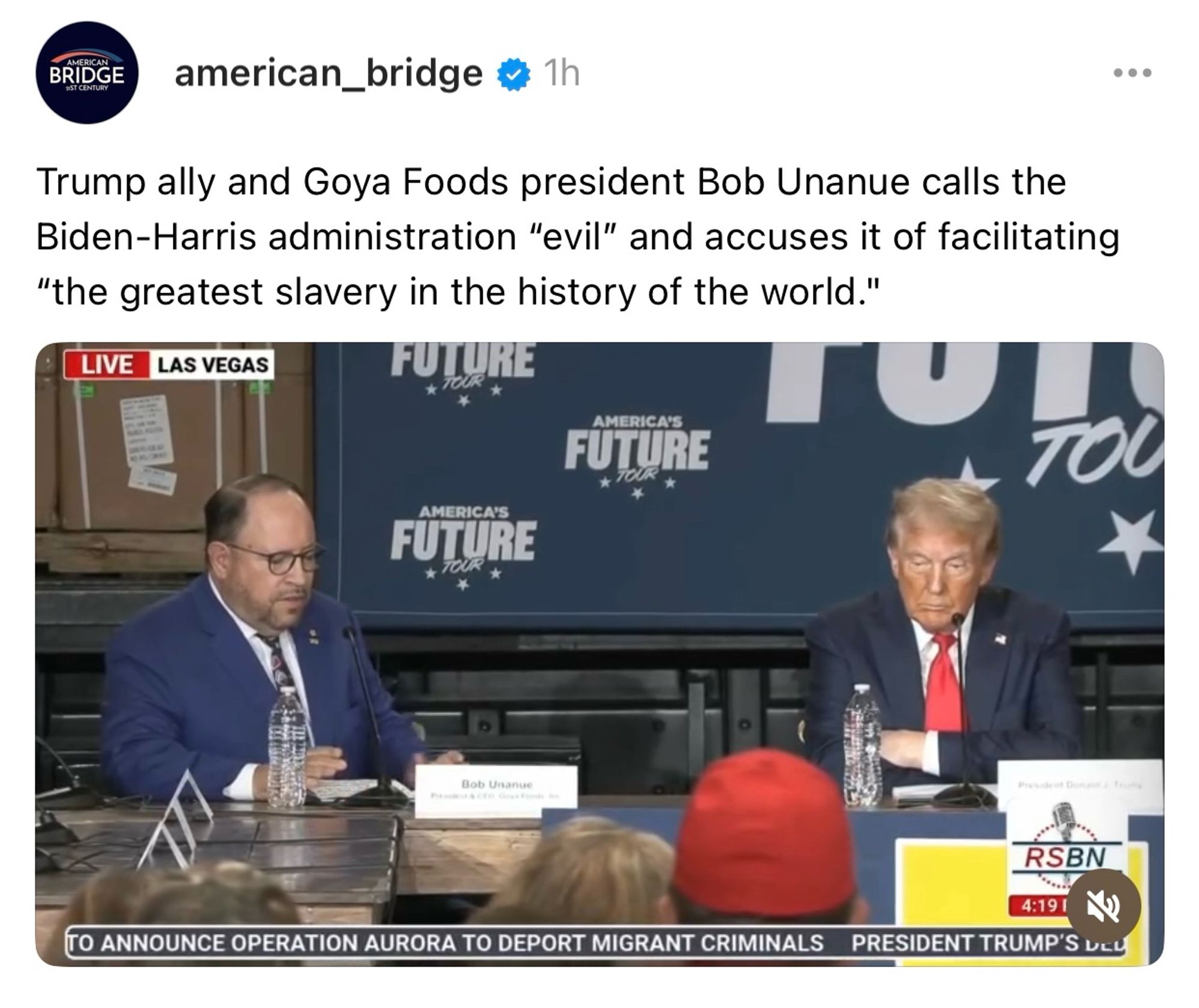 
Trump ally and Goya Foods president Bob Unanue calls the Biden-Harris administration "evil" and accuses it of facilitating
"the greatest slavery in the history of the world."
