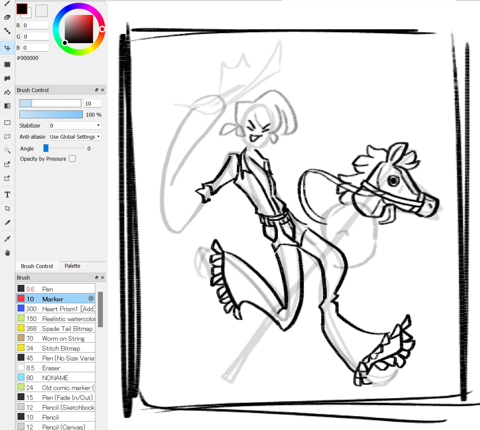 A WIP digital drawing of Micho (my OC) riding a toy horse on a stick.