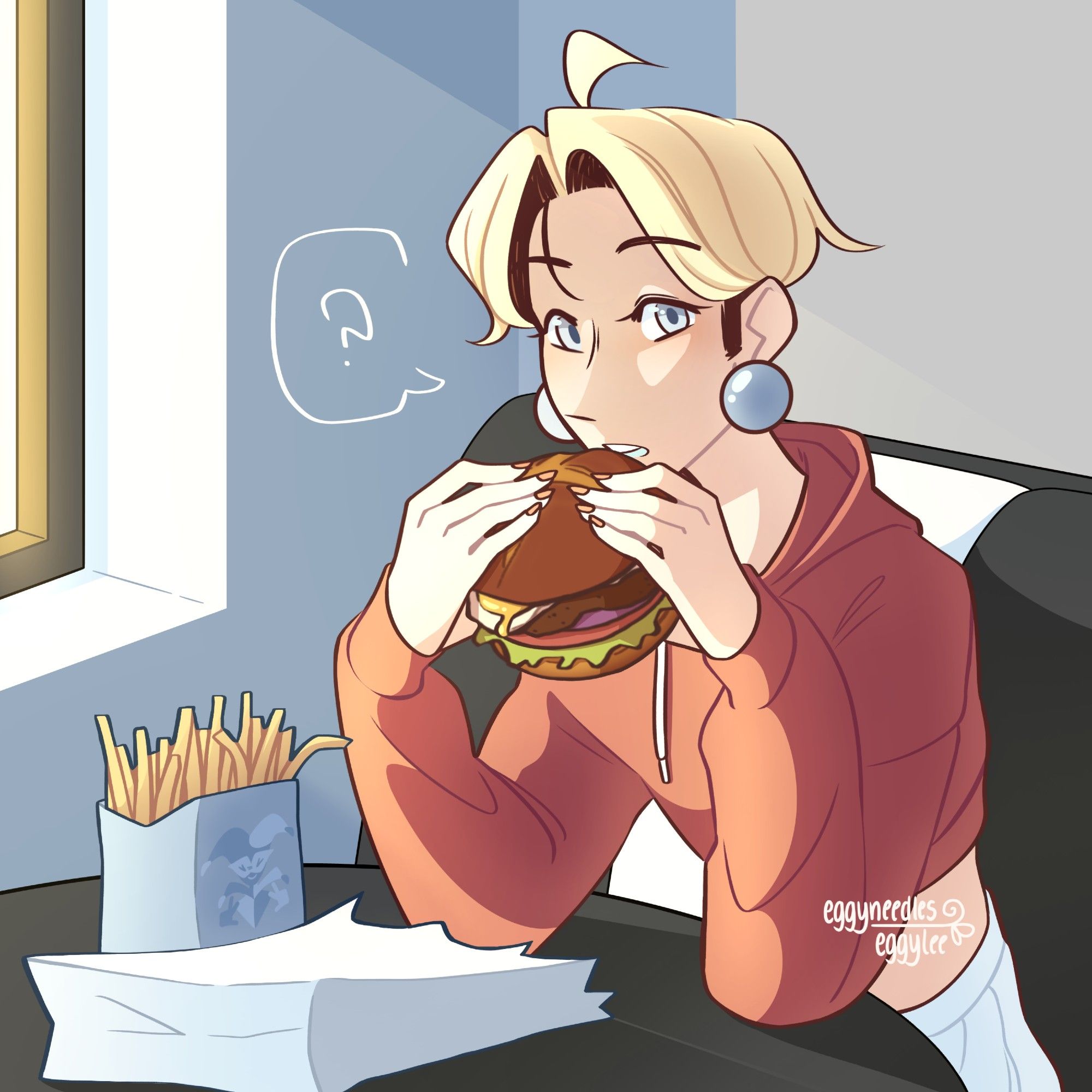 A digital drawing of Felix (my OC) eating an egg burger in a diner. He's wearing a red cropped hoodie, a white pleated skirt and big, blue spherical earrings. There is also a white paper bag and a box of fries with a little jester logo on the front on the table beside him. There is sunlight shining through the window on him.
He looks at you confused as to why you're watching him.