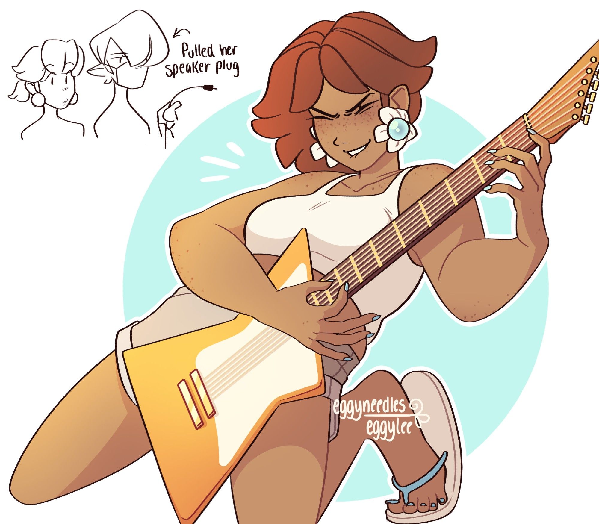 A digital drawing of Princess Daisy in casual attire rocking out with an electric guitar. Princess Peach and Sheik are in the back. Sheik is unimpressed and pulled her speaker plug.