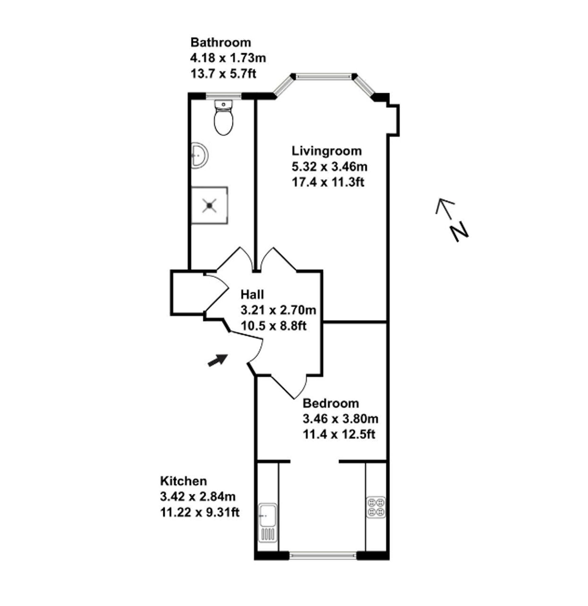 screenshot of floorplan from Rightmove, showing a small flat where the kitchen is, unfathomably, attached to the bedroom via an archway