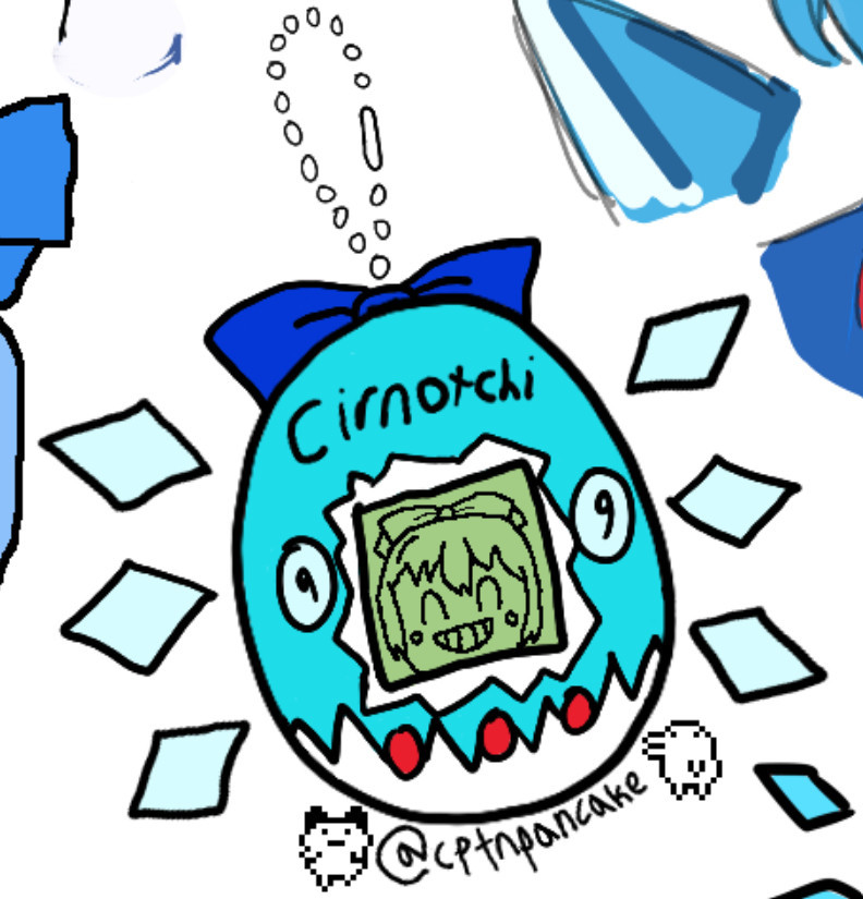 A drawing by Pancake (made for @cappu.cirno.rocks's 2024 Cirno Day Collab Canvas) combining 2 of Pancake's special interests: Touhou and Tamagotchi. The drawing itself is a Tamagotchi device themed around Cirno, complete with ice wings and a blue bow. Inside the screen is Cirno giving a big grin.