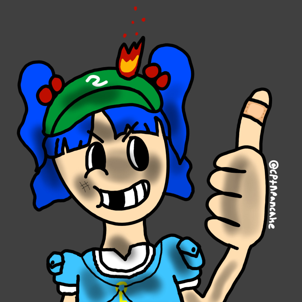 A drawing of Nitori Kawashiro covered in dirt giving a thumbs up and a grin with a missing tooth. A small fire is lit on her hat and a bandage is wrapped around her thumb.