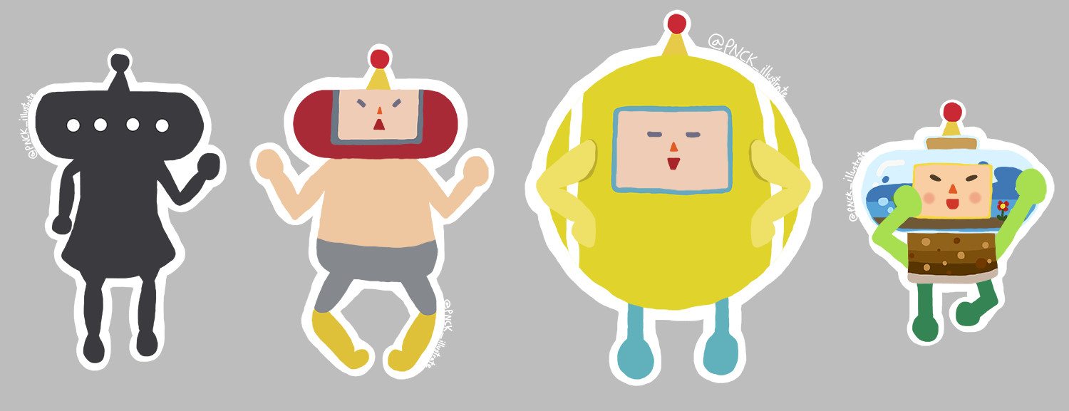 Drawings of four cousins from the Katamari series. From left to right are: Mu, Lucha, Marny, and the unnamed jar cousin from the Korean Katamari MMO game.