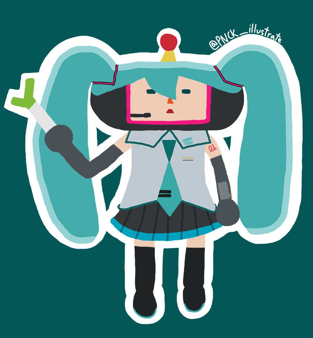 A drawing of a Katamari cousin version of Hatsune Miku.