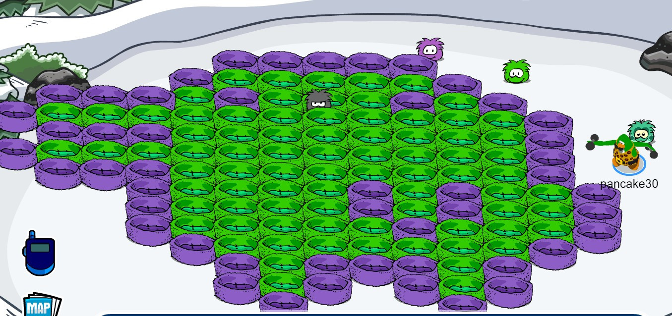 A screenshot of Captain Pancake's igloo in Club Penguin Journey. A bunch of green and purple Puffle beds are laid out together in a "pixel art" fashion to make Kuchipatchi from Tamagotchi.