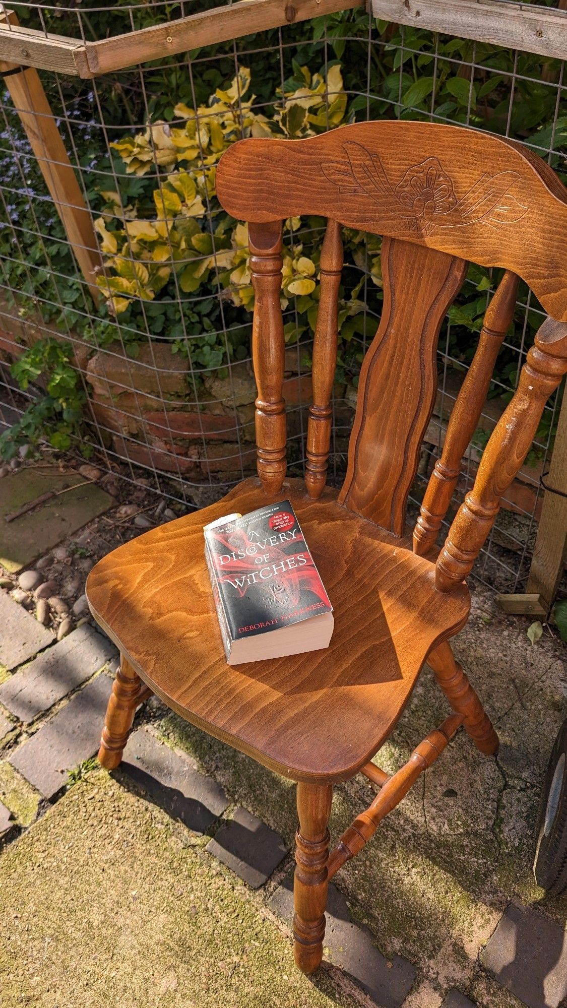 Chair in the garden with 'A Discovery of Witches' by Deborah Harkness