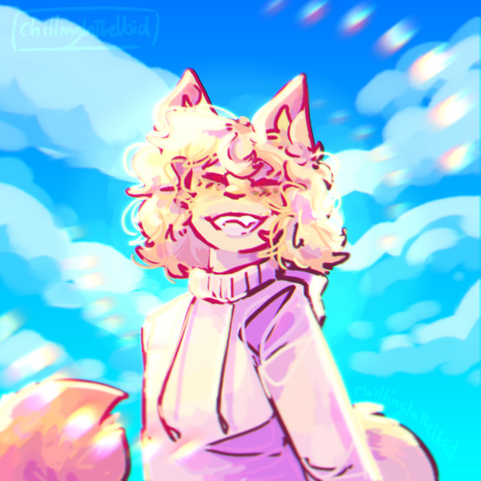 A digital illustration of an anthropomorphic cat. She is turned and is smiling at the viewer. The sky behind her is blue with fluffy clouds. The sun is shining behind her creating a lens flare affect.