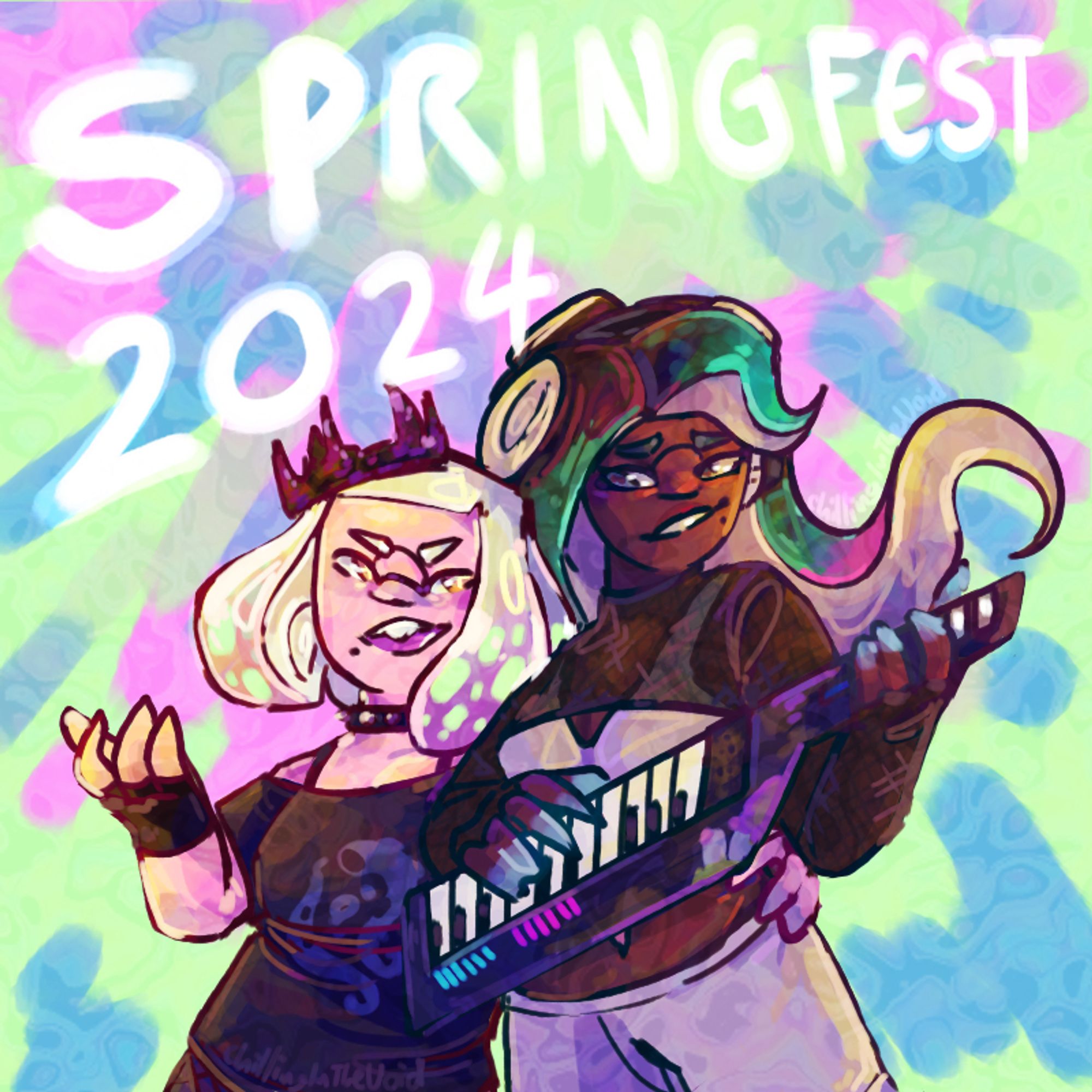 A rendered digital drawing of Pearl and Marina from Splatoon 3. "Springfest 2024" is hand written in white above them. 
Pearl is a short woman with pale skin and hair made from cream tentacles that come down to her chin. She is wearing an off the shoulder black t-shirt, black fingerless gloves, studded black choker and a black crown. 
Marina is a woman with dark skin and hair made from tentacles that go down to her waist. Her tentacles are coloured a gradient of brown to green to pink. She is wearing a white bralette top, cropped mesh shirt and grey sweatpants. Marina is playing a black keytar. Pearl is leaning Marina and has her arm around her waist pulling Marina closer to her. They are looking at each other smiling. Pearl has her mouth open as if talking or singing. The background is a green with splotches of blue and pink.