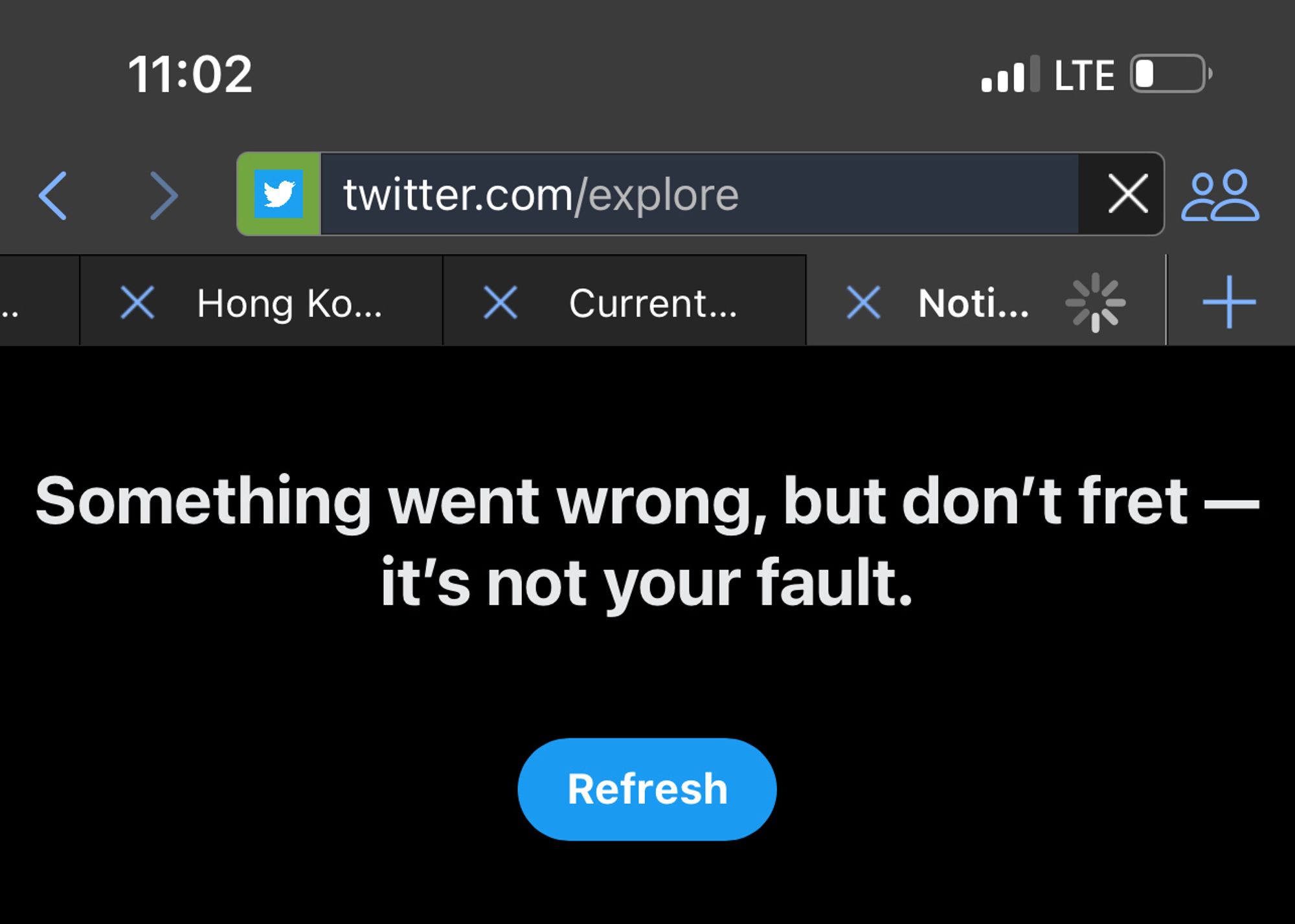 Screenshot of Twitter with text: Something went wrong, but don’t fret - it’s not your fault. 