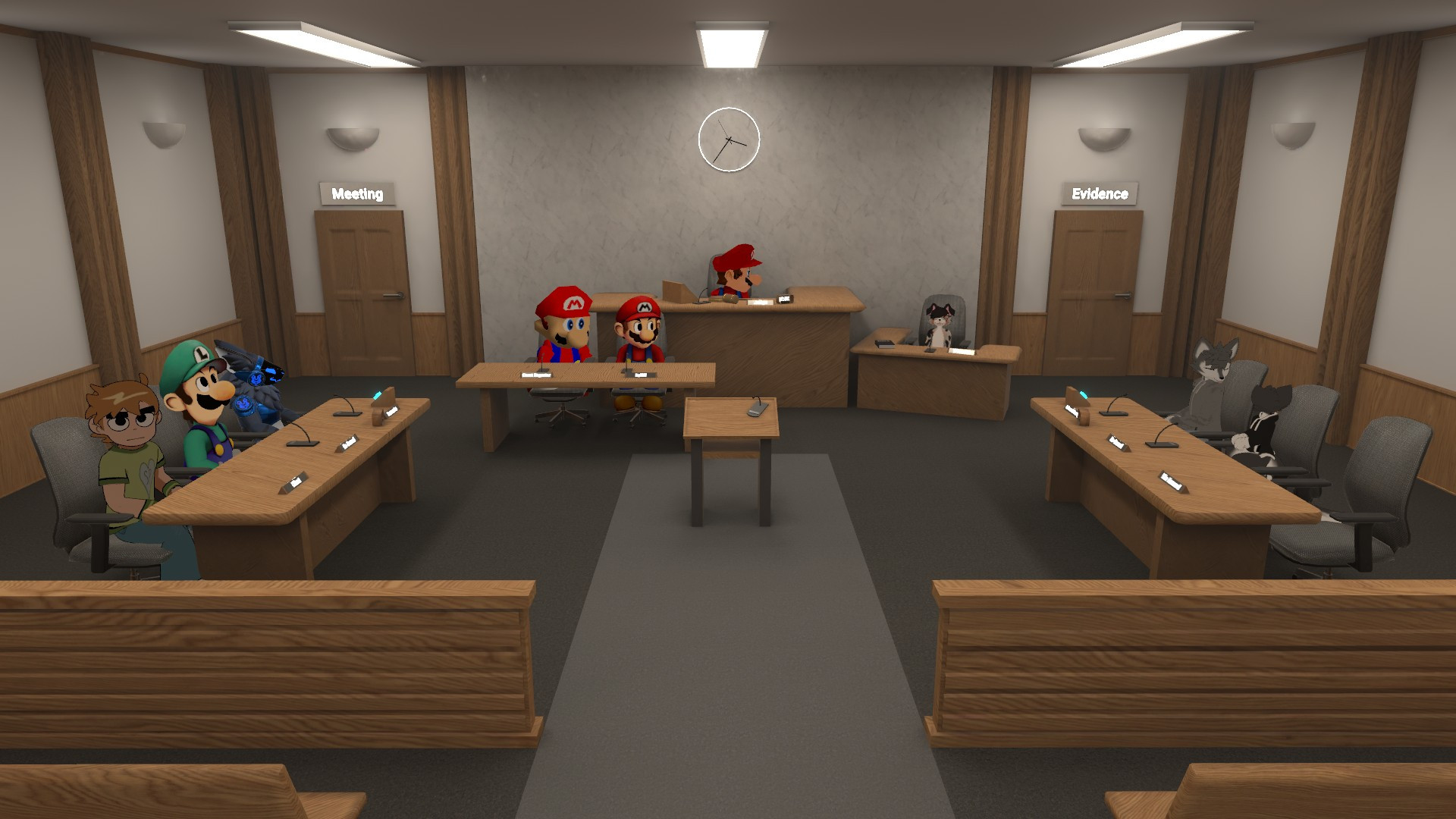 another screenshot edit of Summit Court, this time with a witness, a prosecutor with a cilent & co-counsel, and a defense attorney who also have a co-counsel. their cilent is the one at the witness stand